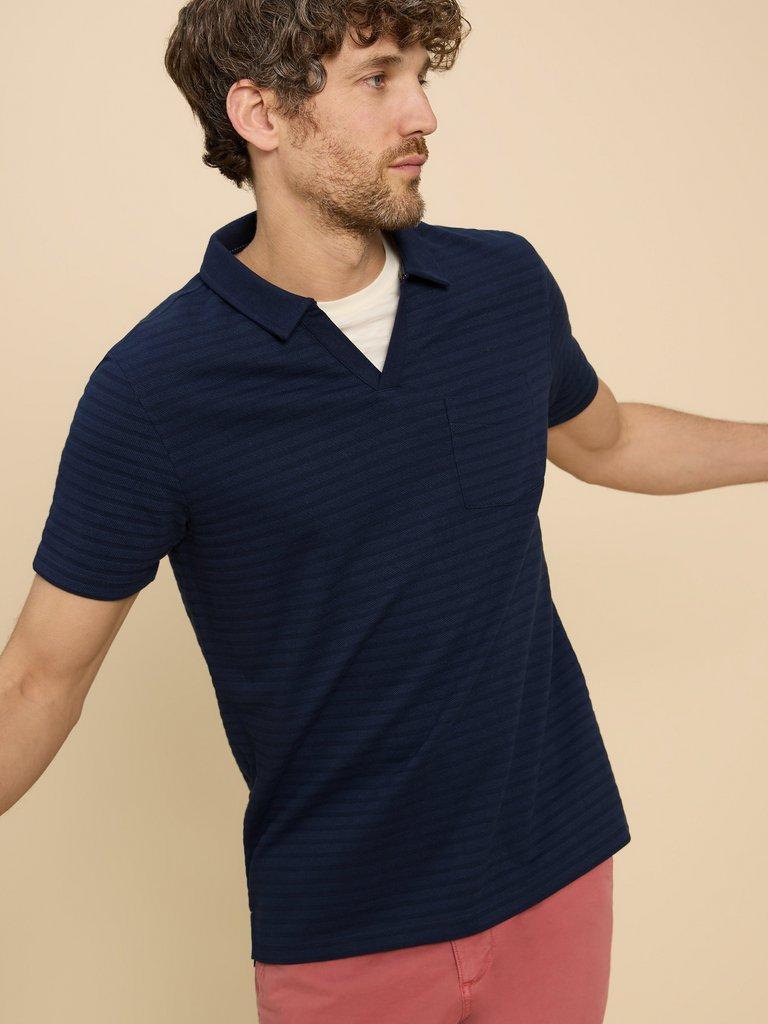 Textured Open Collar Polo in DARK NAVY - LIFESTYLE