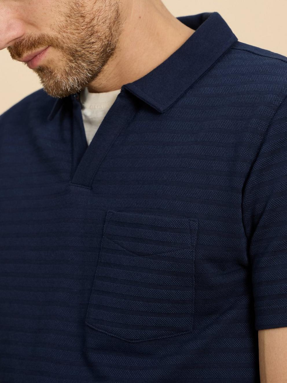 Textured Open Collar Polo in DARK NAVY - MODEL FRONT