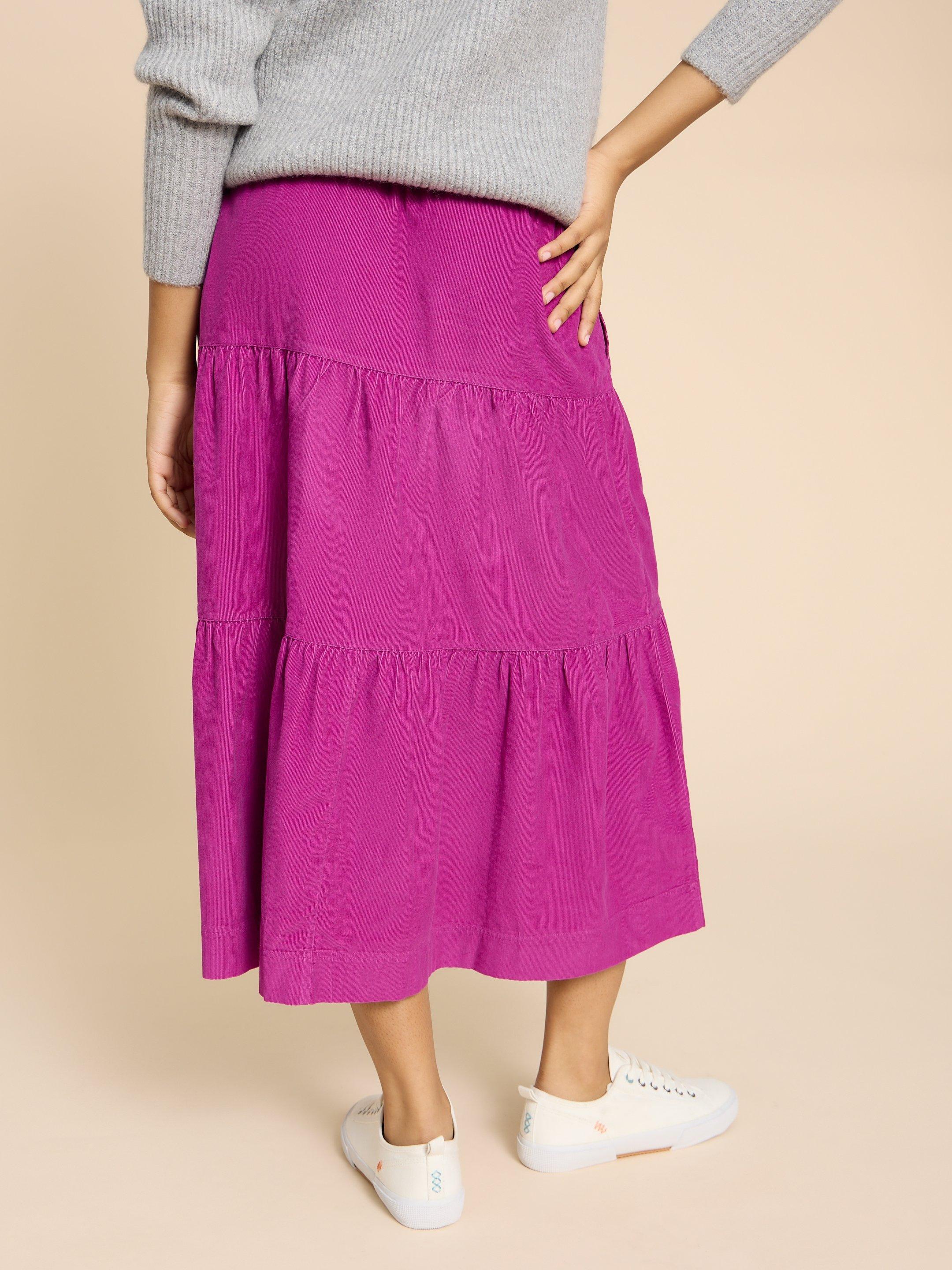 Jade Tiered Cord Skirt in BRT PINK - MODEL BACK