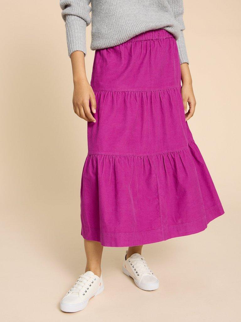 Jade Tiered Cord Skirt in BRT PINK - MODEL DETAIL