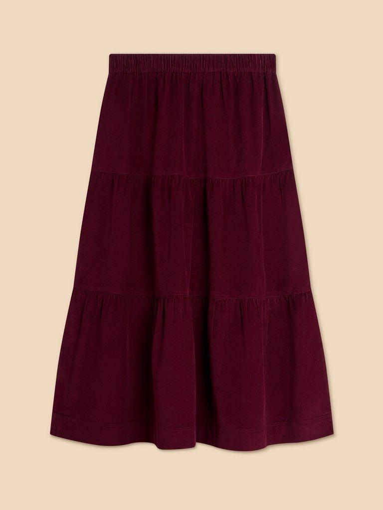 Jade Tiered Cord Skirt in DK PLUM - FLAT BACK