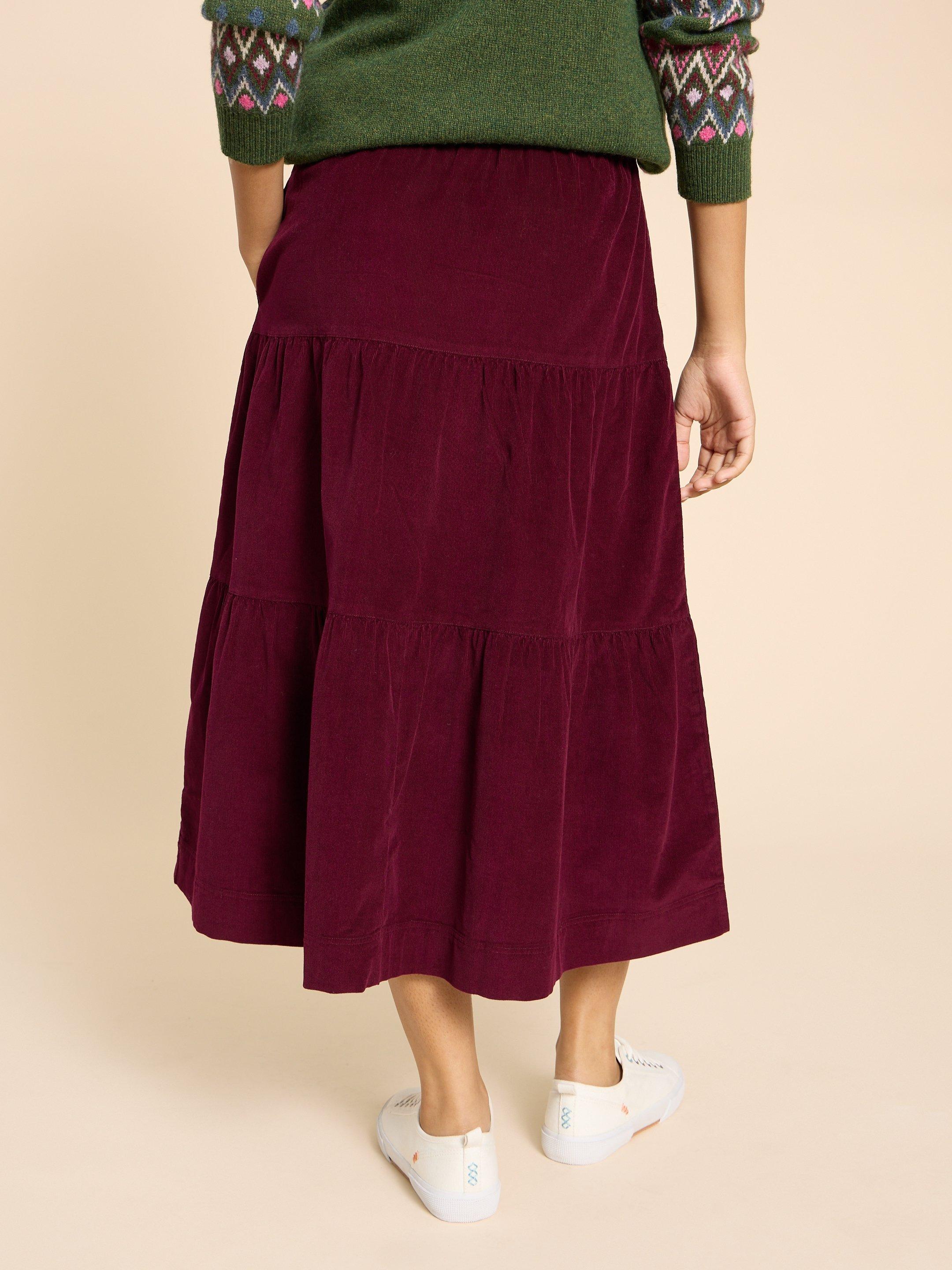 Jade Tiered Cord Skirt in DK PLUM - MODEL BACK