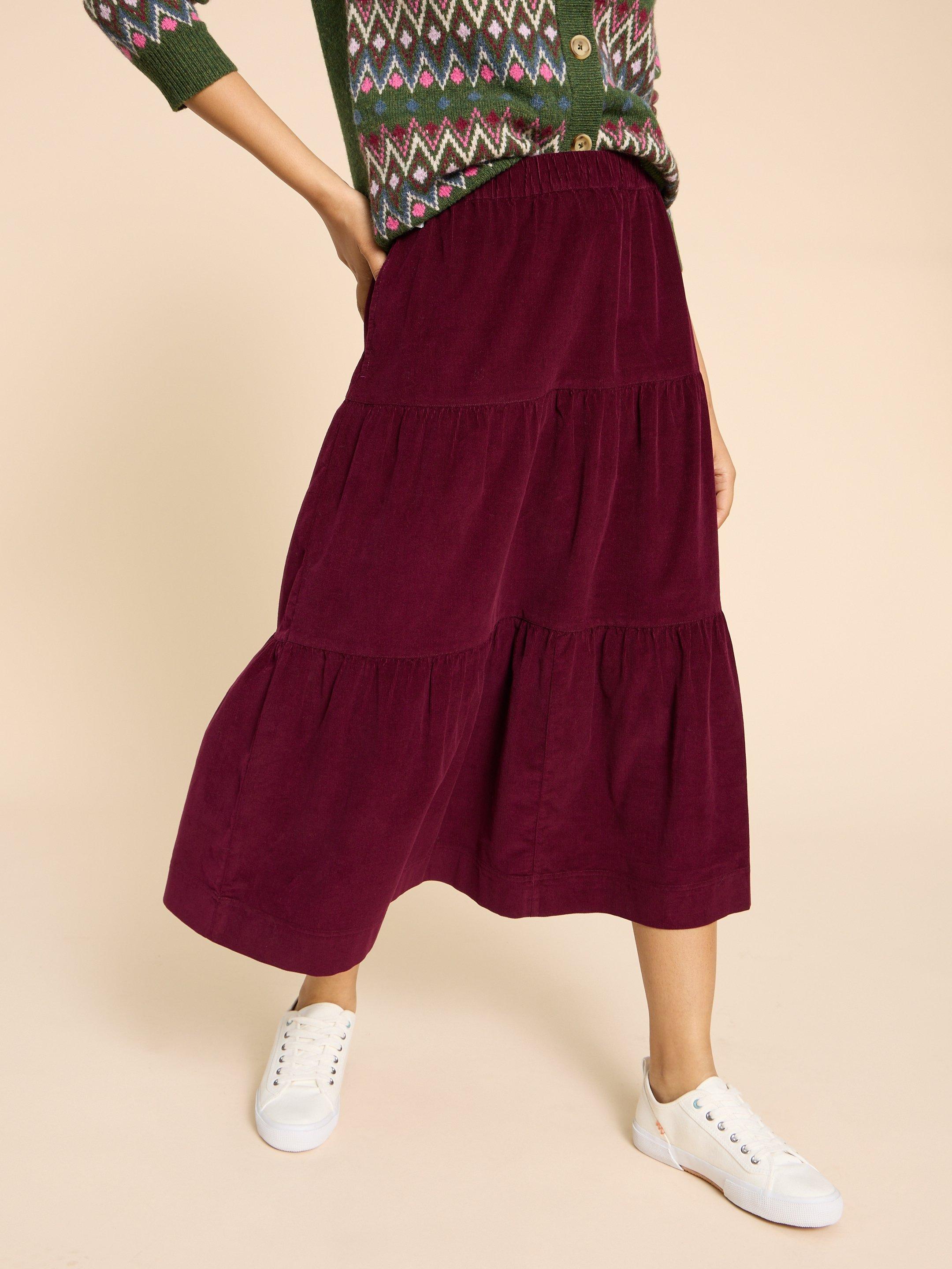 Jade Tiered Cord Skirt in DK PLUM - MODEL DETAIL
