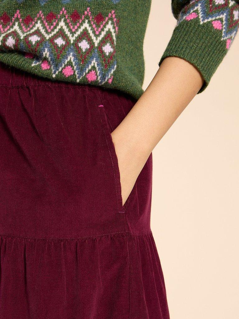 Jade Tiered Cord Skirt in DK PLUM - MODEL FRONT