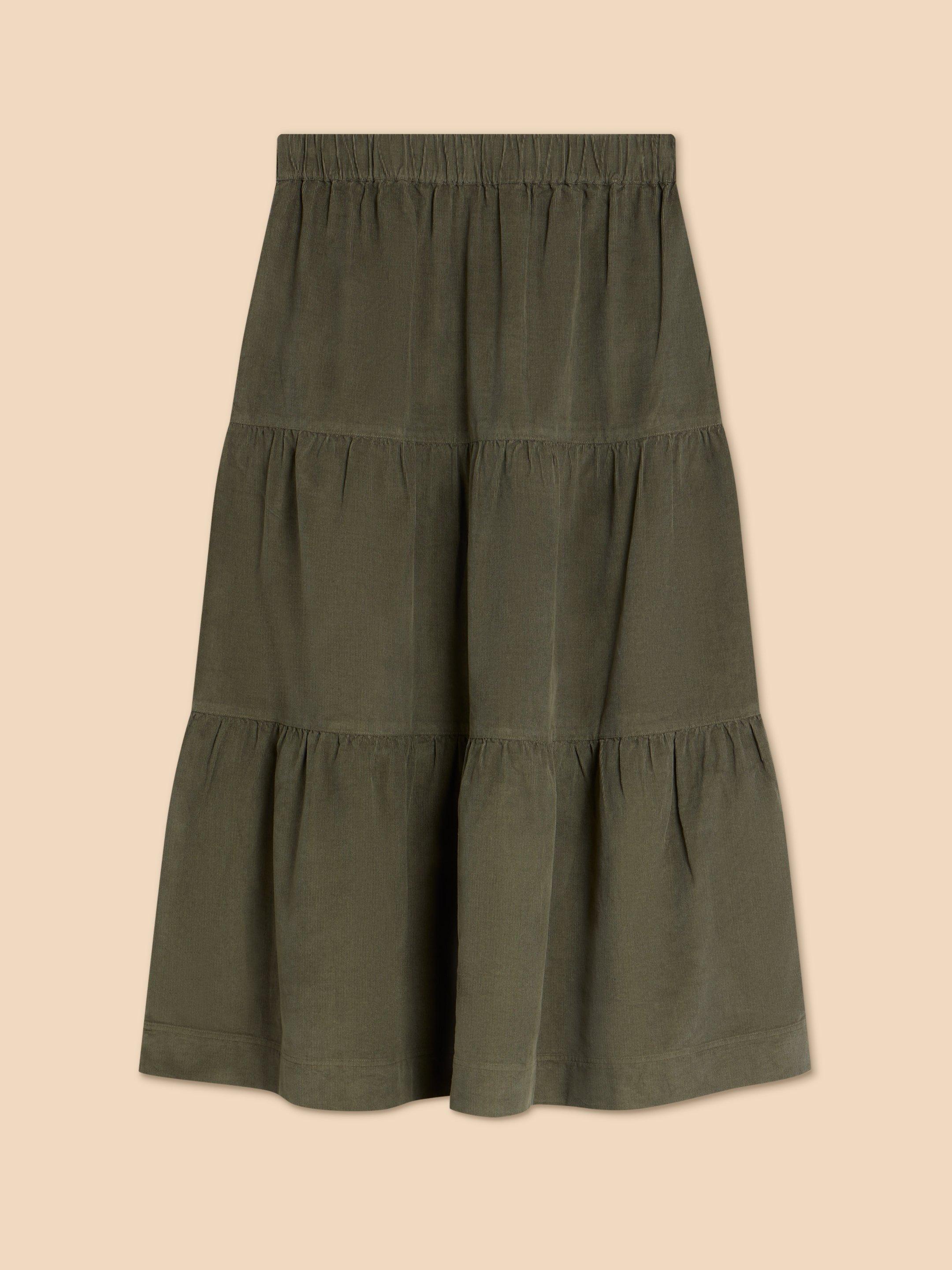 Jade Tiered Cord Skirt in KHAKI GRN - FLAT BACK