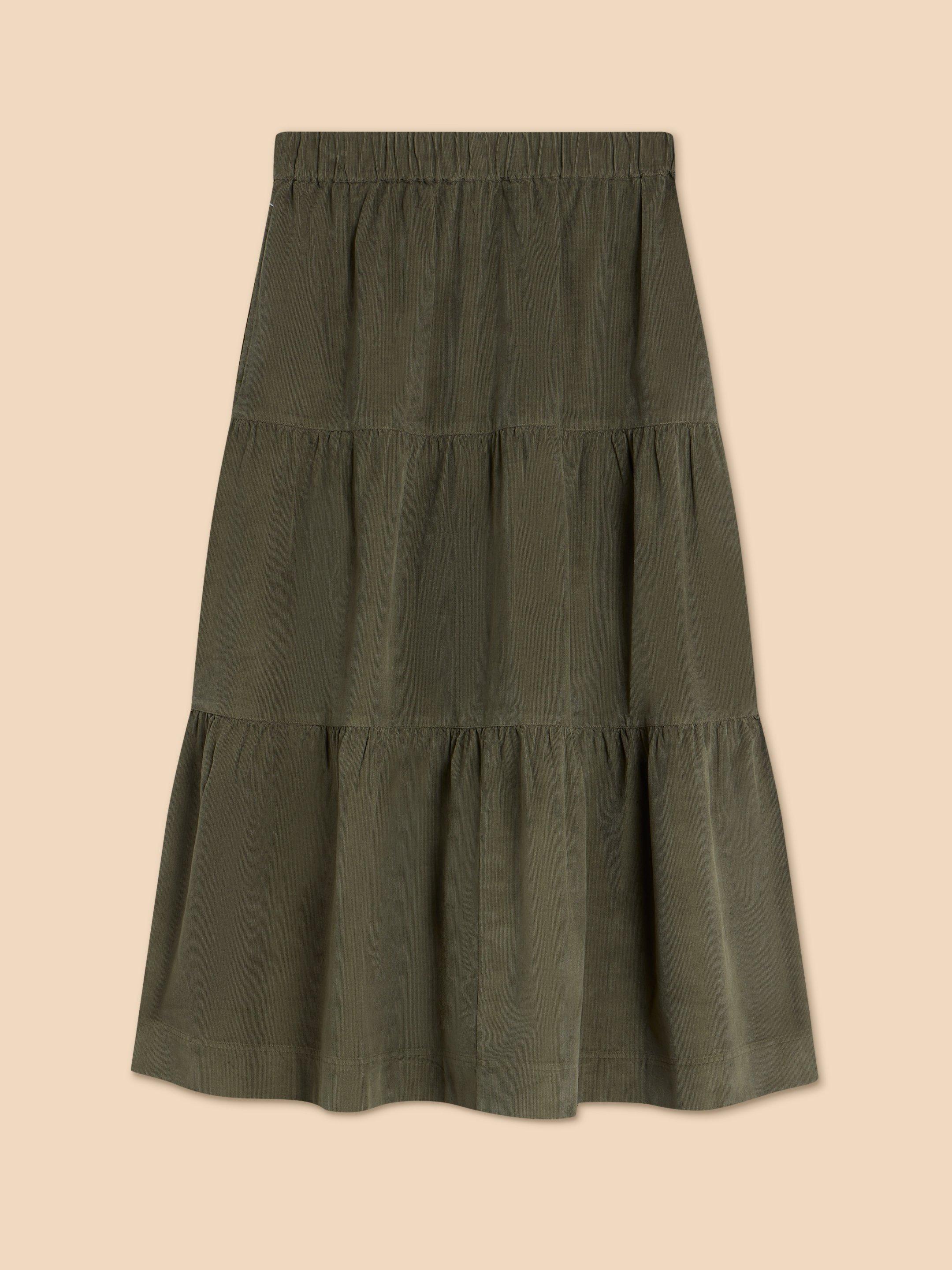 Jade Tiered Cord Skirt in KHAKI GRN - FLAT FRONT