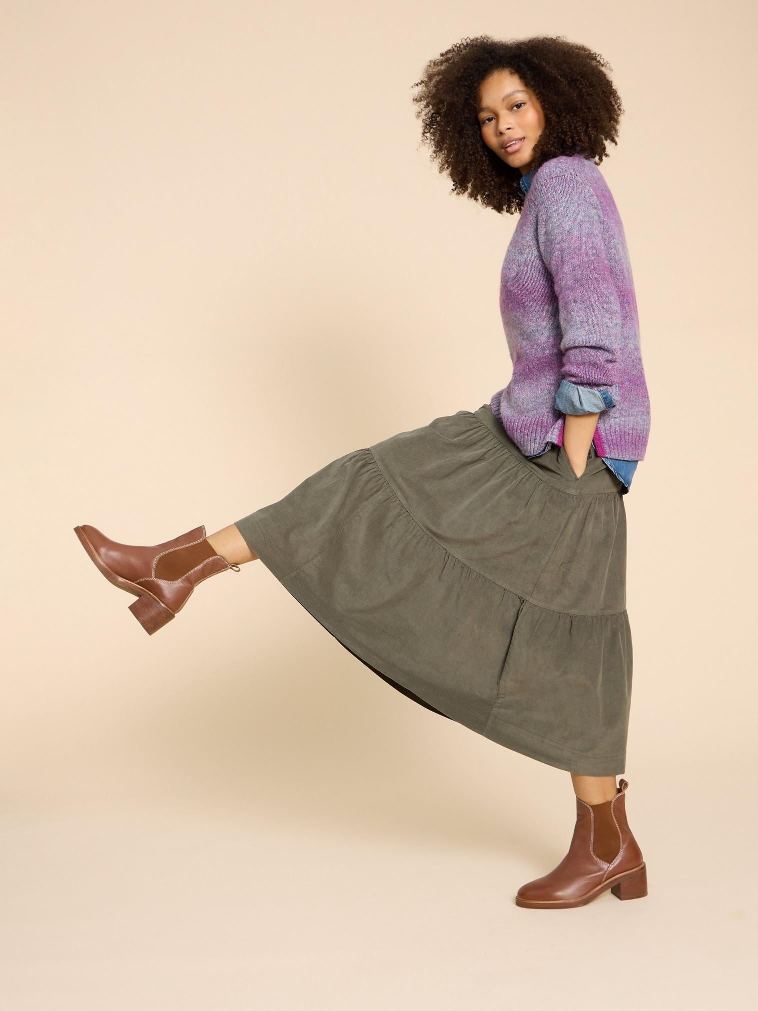 Jade Tiered Cord Skirt in KHAKI GRN - LIFESTYLE