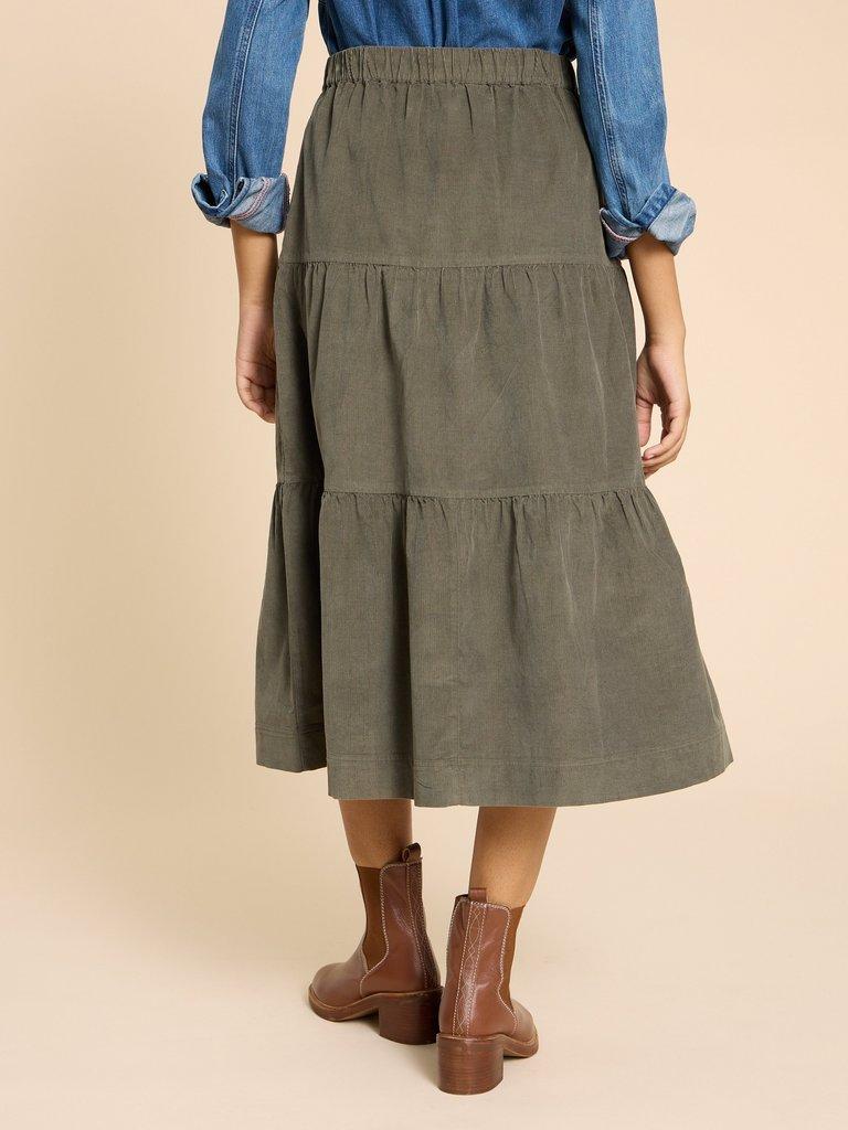Jade Tiered Cord Skirt in KHAKI GRN - MODEL BACK