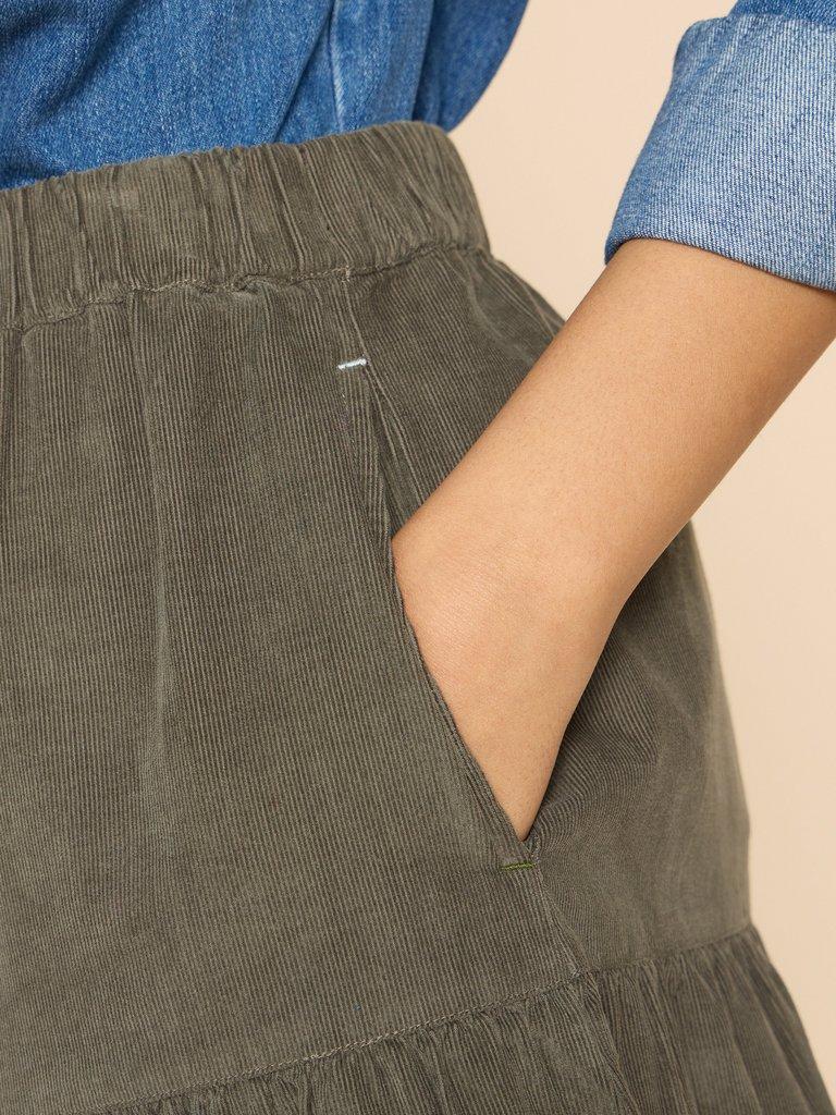 Jade Tiered Cord Skirt in KHAKI GRN - MODEL DETAIL