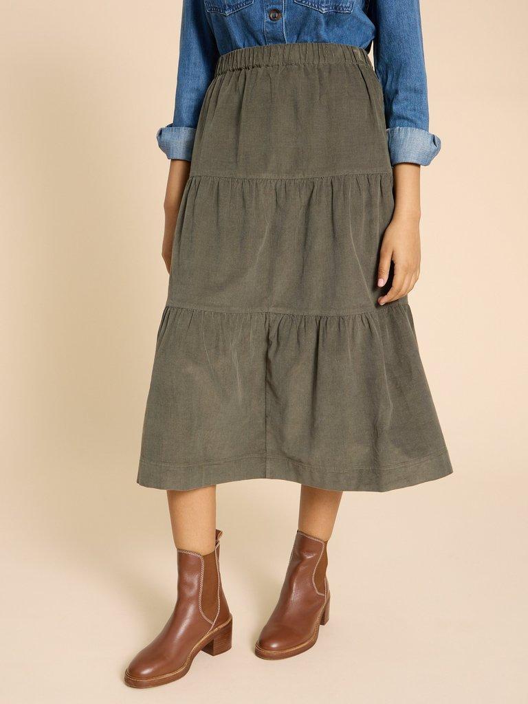 Jade Tiered Cord Skirt in KHAKI GRN - MODEL FRONT