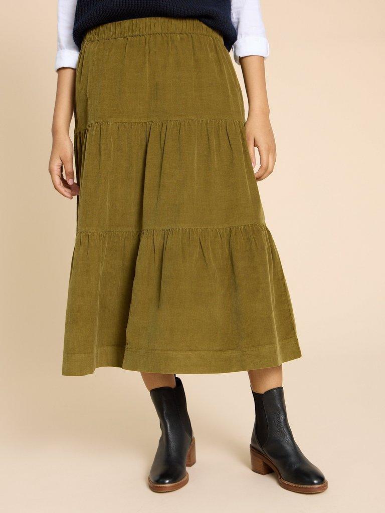 Jade Tiered Cord Skirt in MID CHARTREUSE | White Stuff