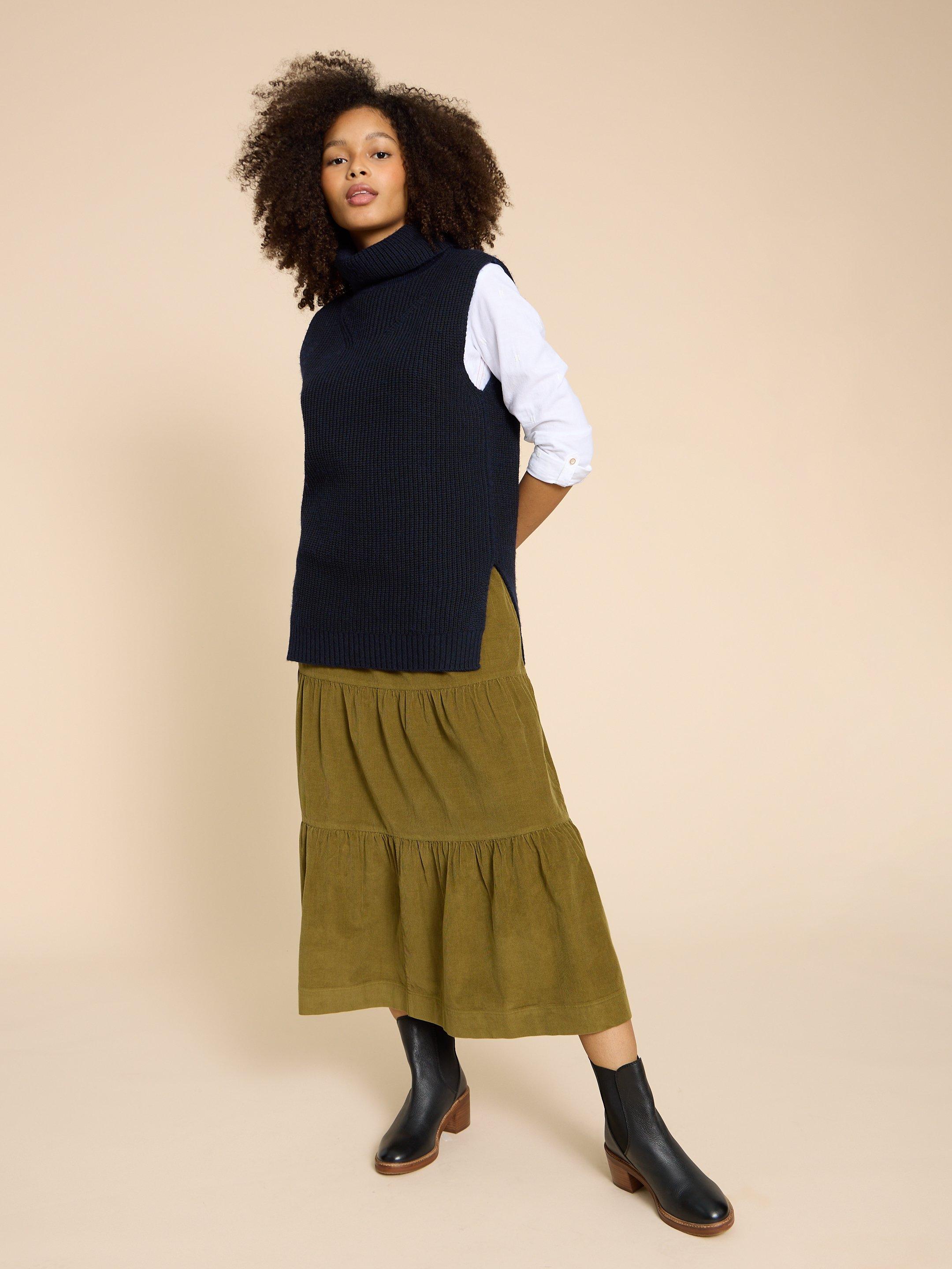Jade Tiered Cord Skirt in MID CHART - MODEL FRONT