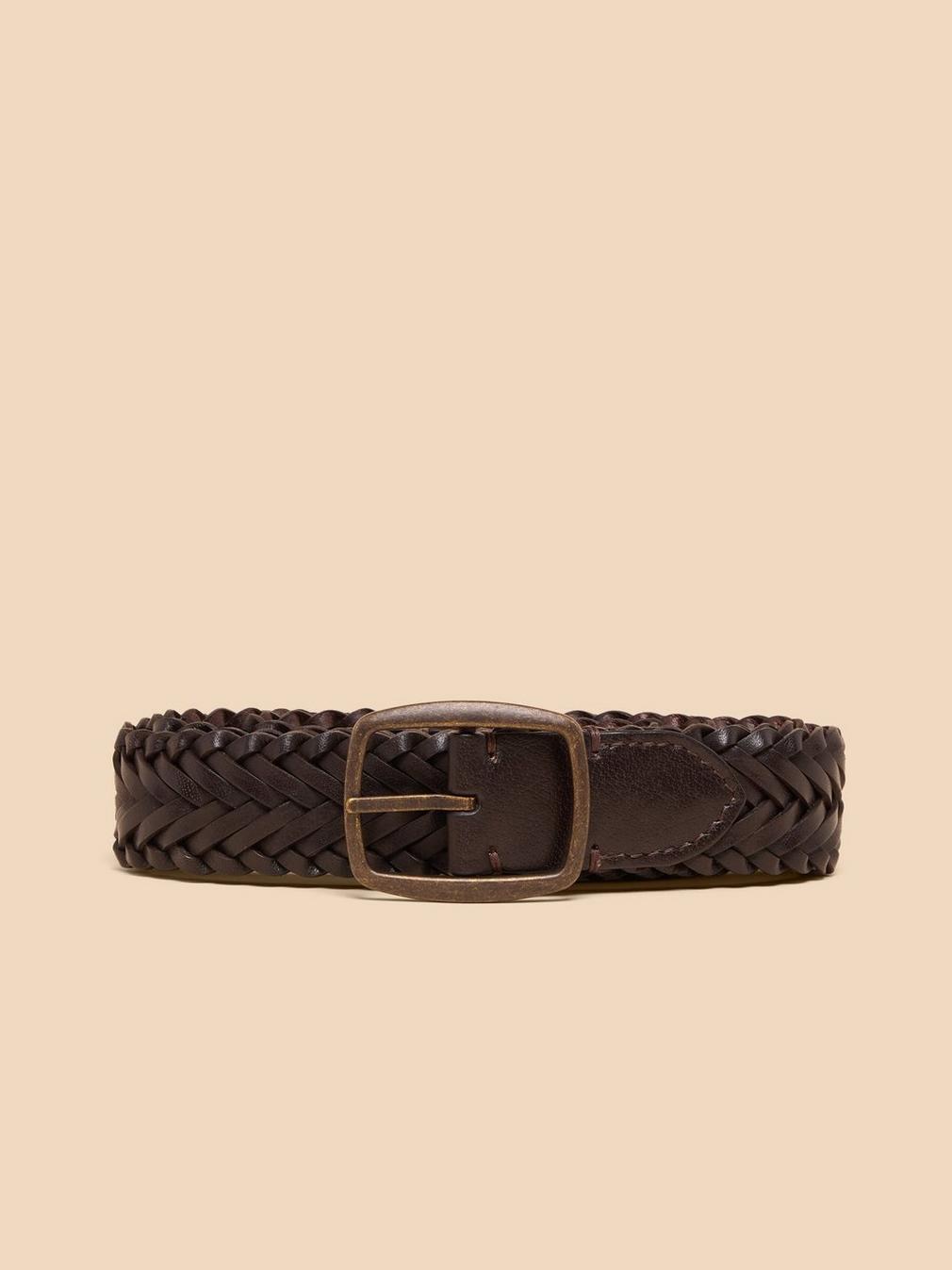 Leather Woven Belt in DK BROWN - FLAT BACK