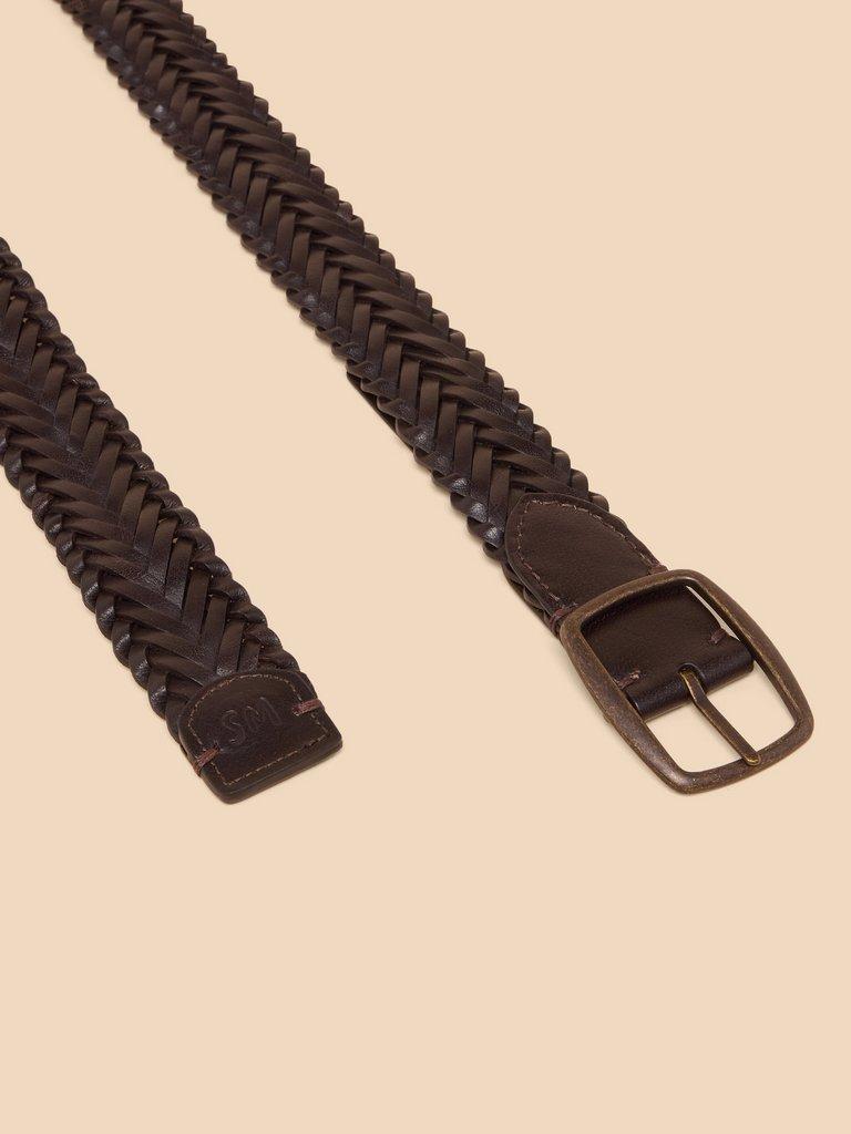 Leather Woven Belt in DK BROWN - FLAT DETAIL