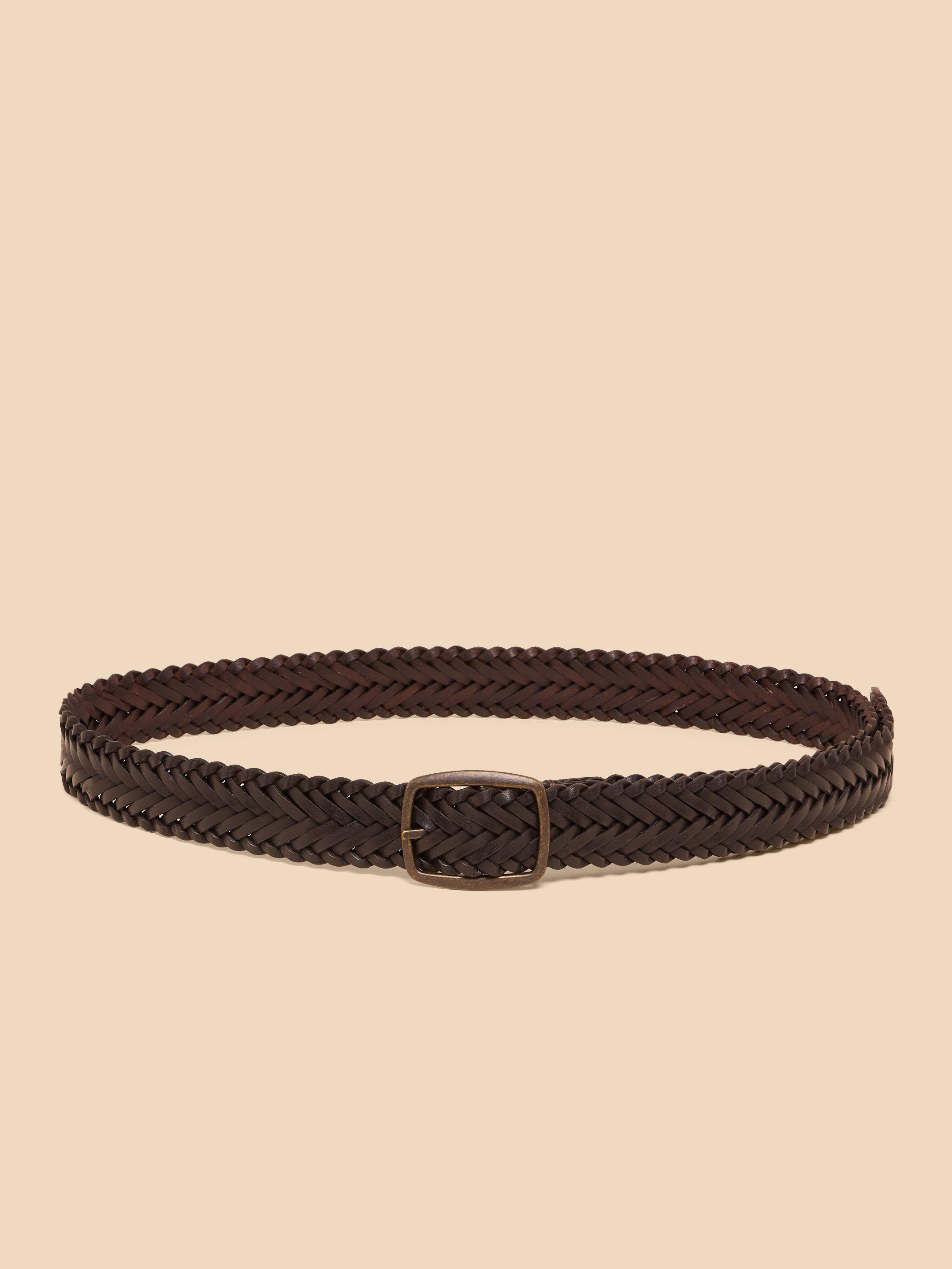 Leather Woven Belt in DK BROWN - FLAT FRONT