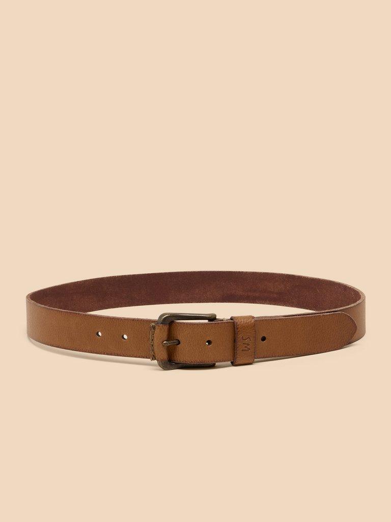 Leather Buckle Belt in MID TAN - MODEL BACK