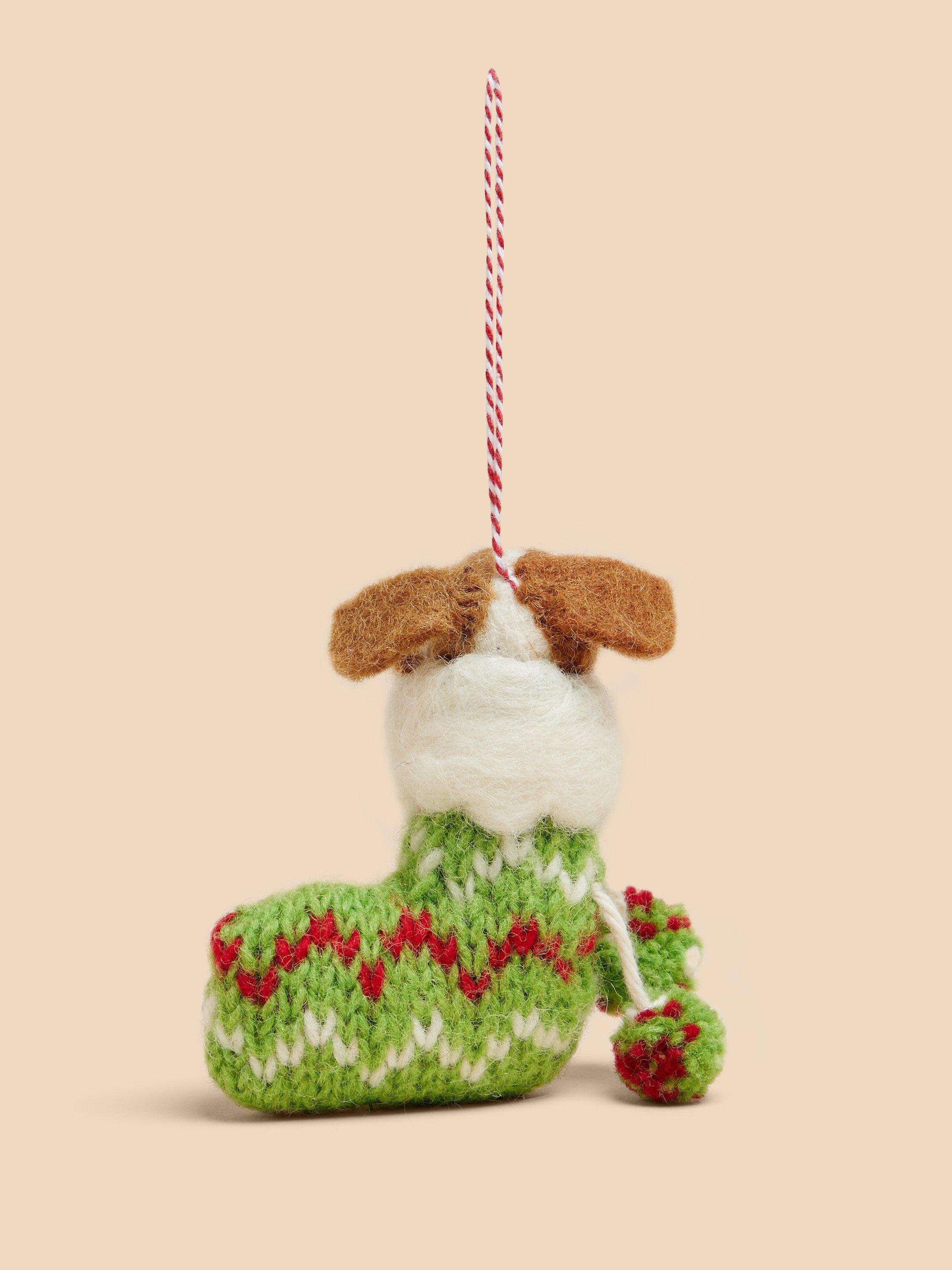 Dog in a Stocking Hanging Dec in WHITE MLT - FLAT BACK
