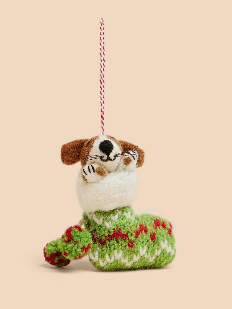 Dog in a Stocking Hanging Dec in WHITE MLT - FLAT FRONT