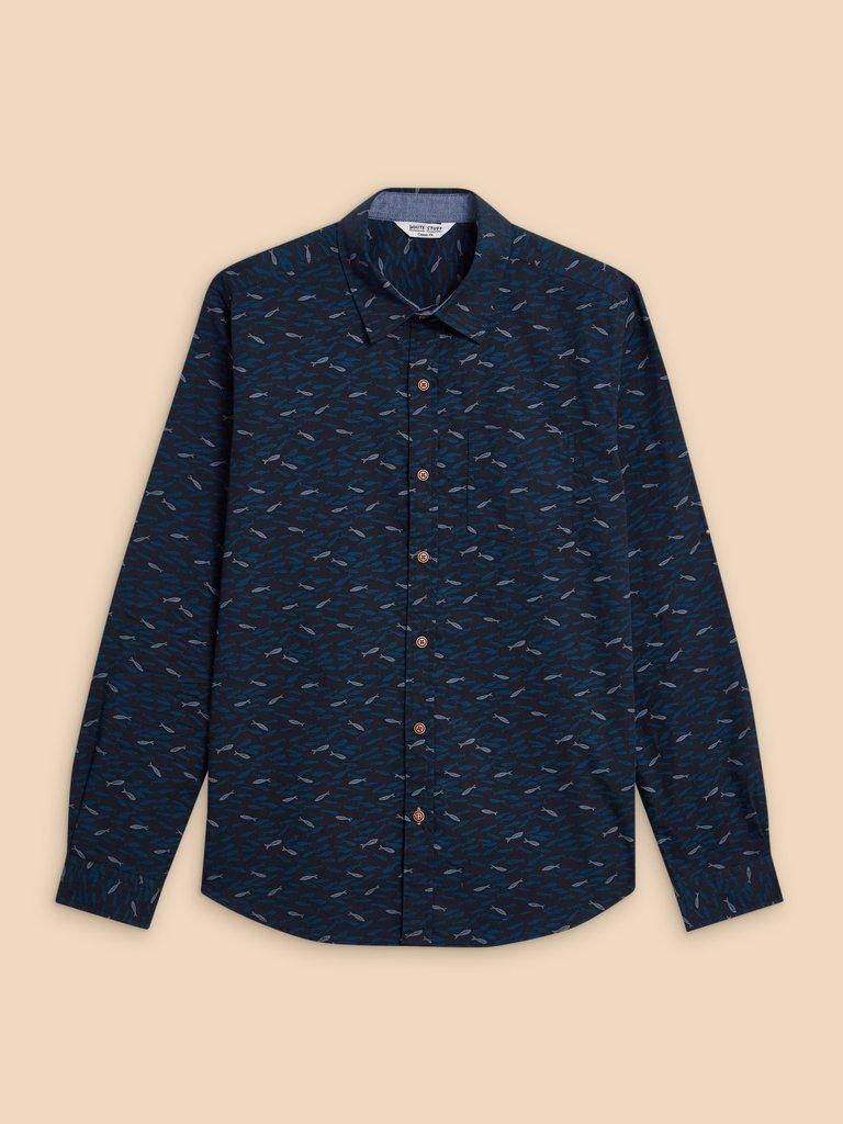 Shoal Printed LS Shirt in NAVY PR - FLAT FRONT