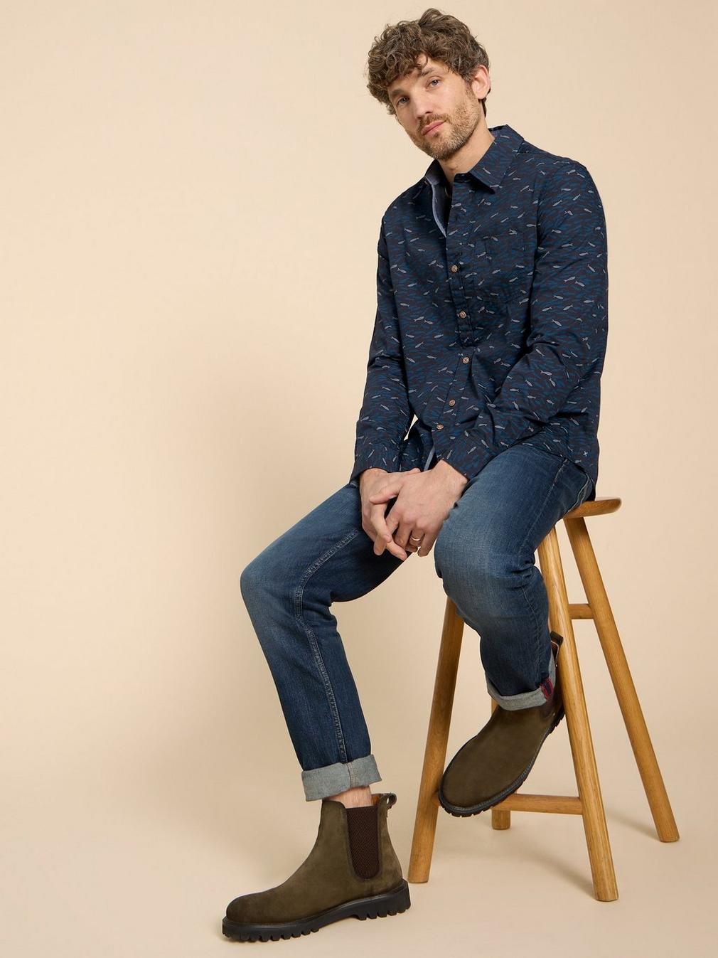 Shoal Printed LS Shirt in NAVY PR - MODEL FRONT