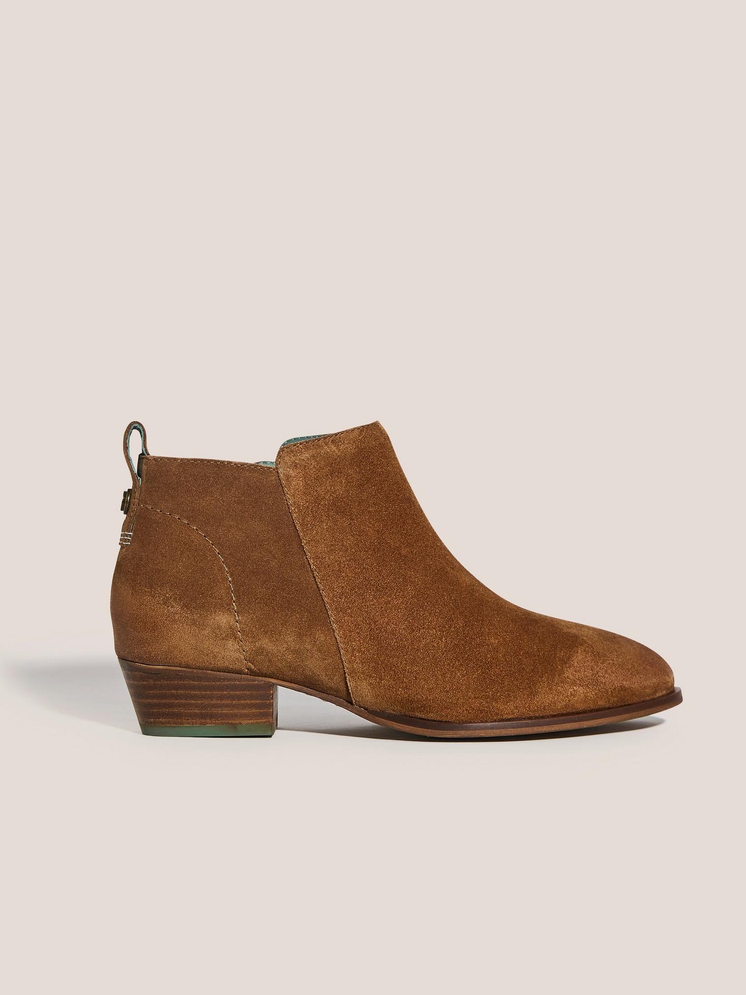 Willow Ankle Boot Suede in DARK TAN - MODEL FRONT