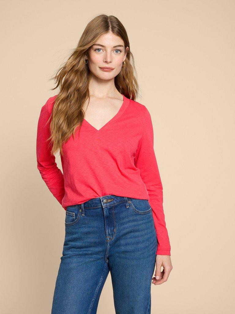 NOVA V NECK LONG SLEEVE TEE in MID PINK - MODEL FRONT