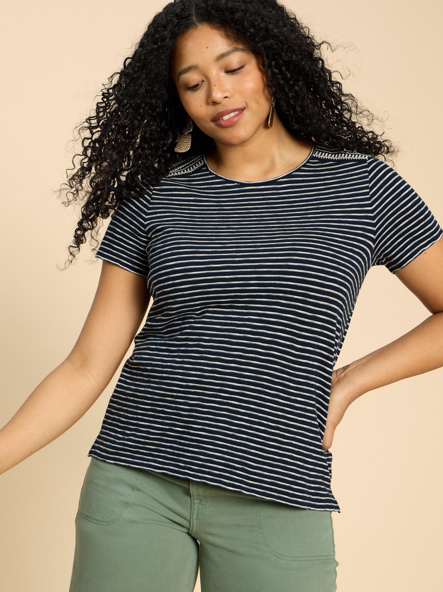 ABBIE EMBROIDERED STRIPE TEE in IVORY MLT - LIFESTYLE
