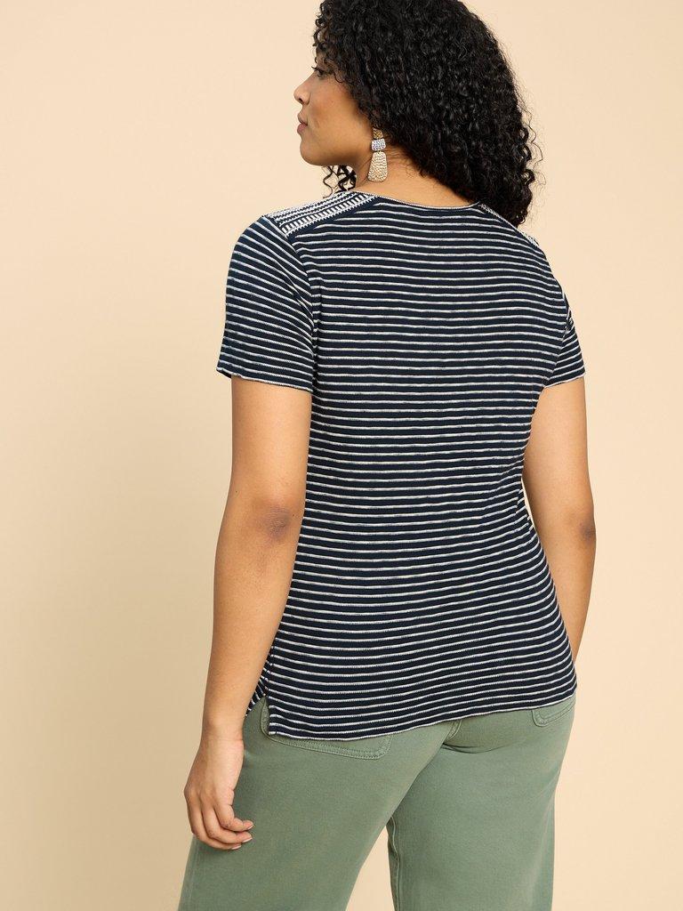 ABBIE EMBROIDERED STRIPE TEE in IVORY MLT - MODEL BACK