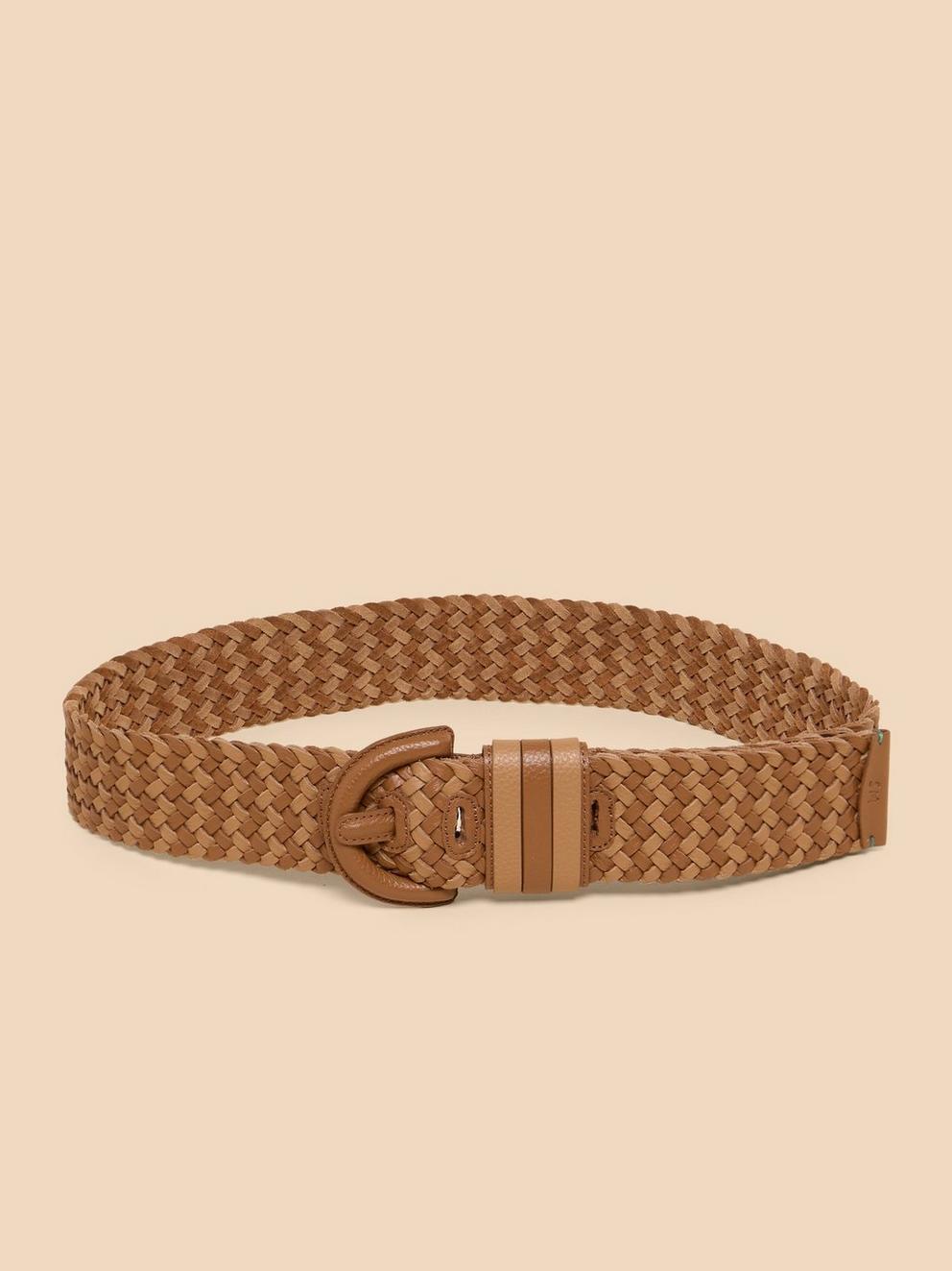 Leather Weave Waist Belt in LIGHT TAN - FLAT BACK