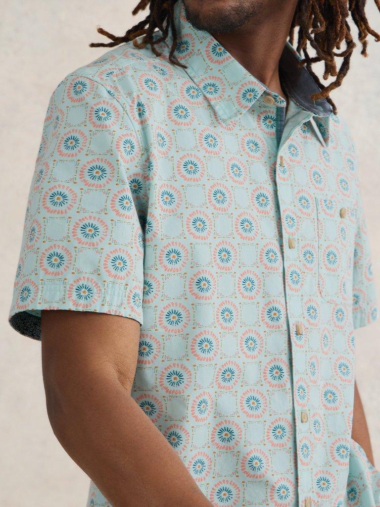 Daisy Tile Printed SS Shirt in BLUE PR - MODEL FRONT