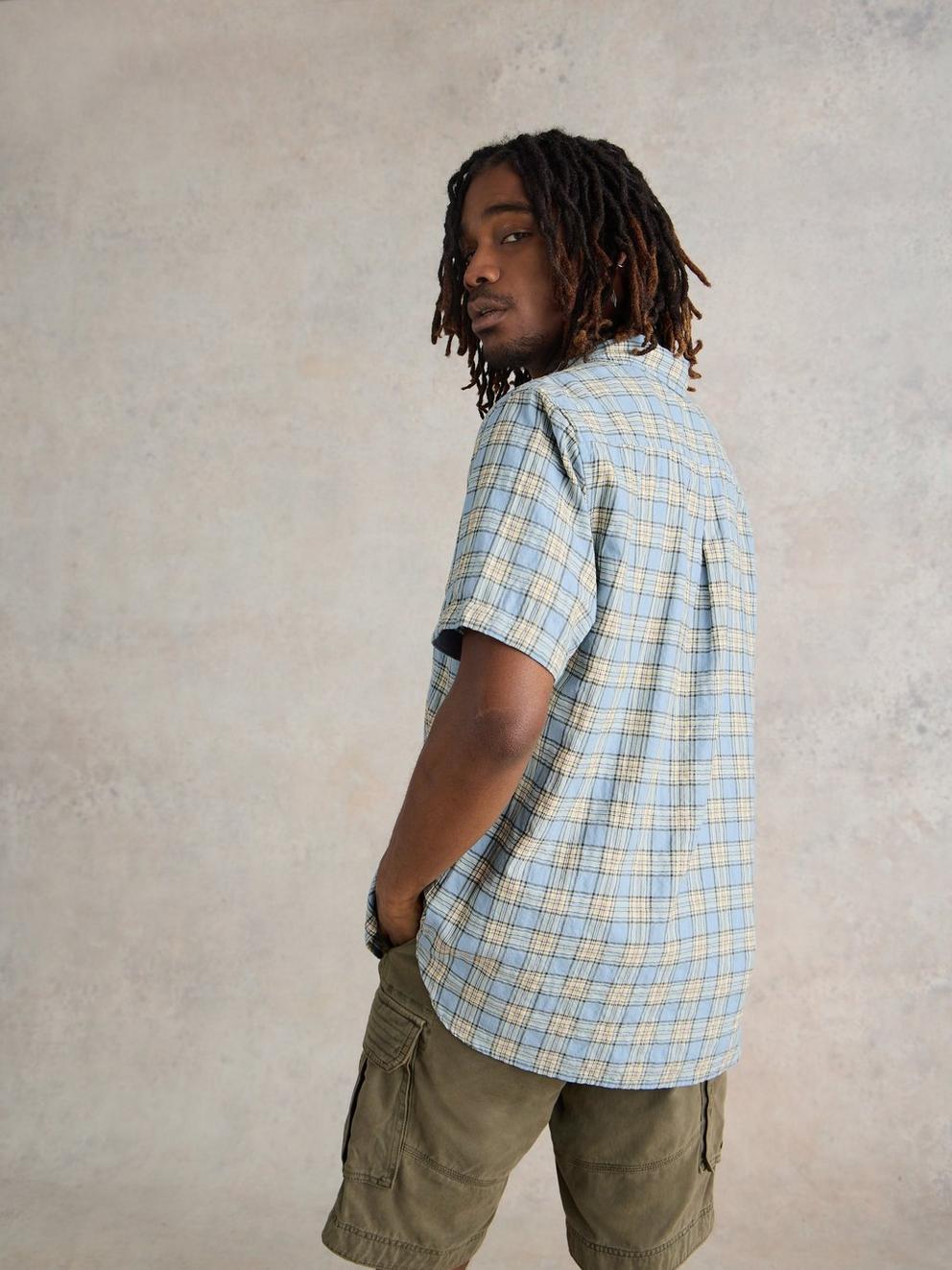 Madras Check SS Shirt in BLUE MLT - MODEL BACK