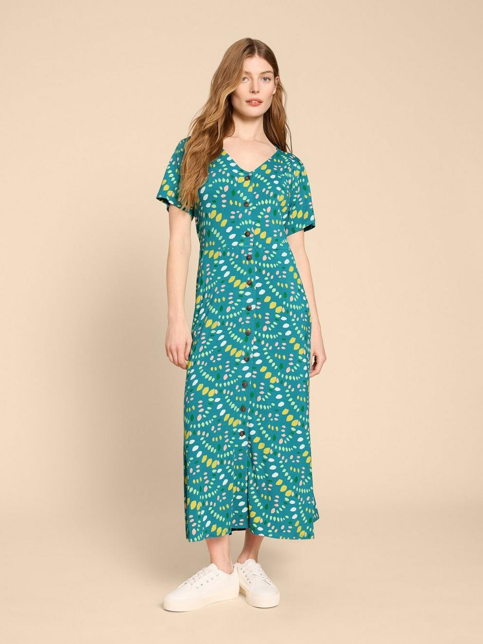 Amelia Jersey Dress in TEAL PR - MODEL FRONT