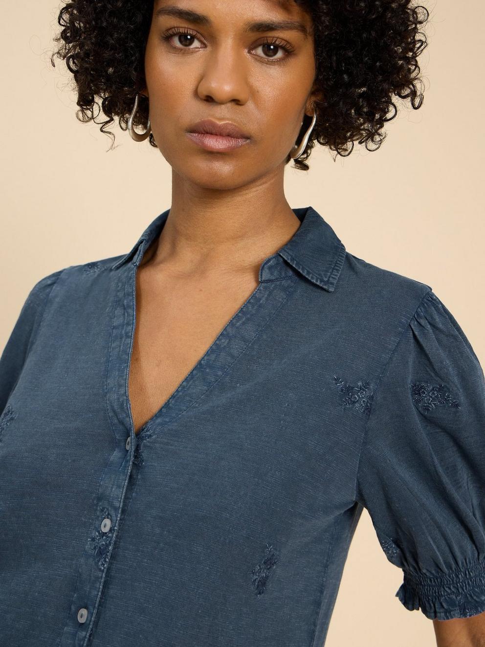 PENELOPE EMBROIDERED SHIRT in INDIGO BLE - MODEL FRONT