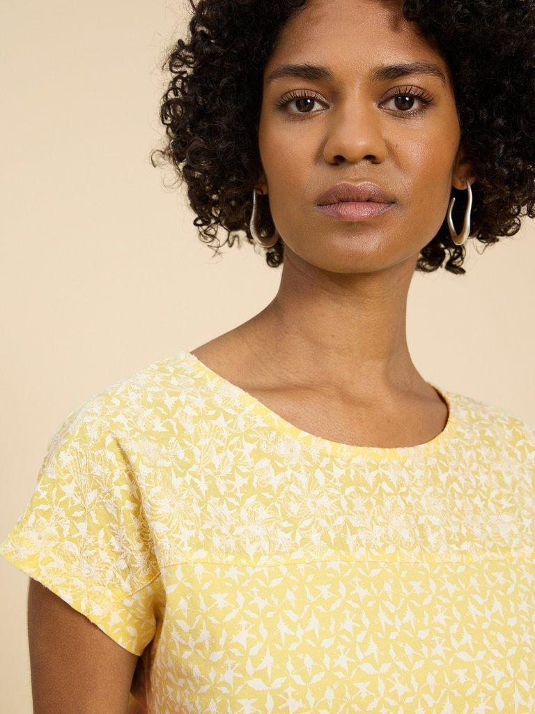 ANTHEA EMBROIDERY SHORT SLEEVE TOP in YELLOW PR - MODEL DETAIL