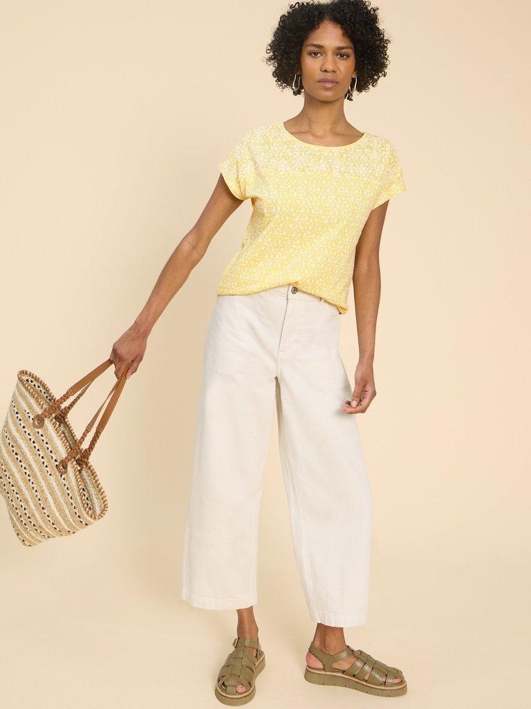 ANTHEA EMBROIDERY SHORT SLEEVE TOP in YELLOW PR - MODEL FRONT