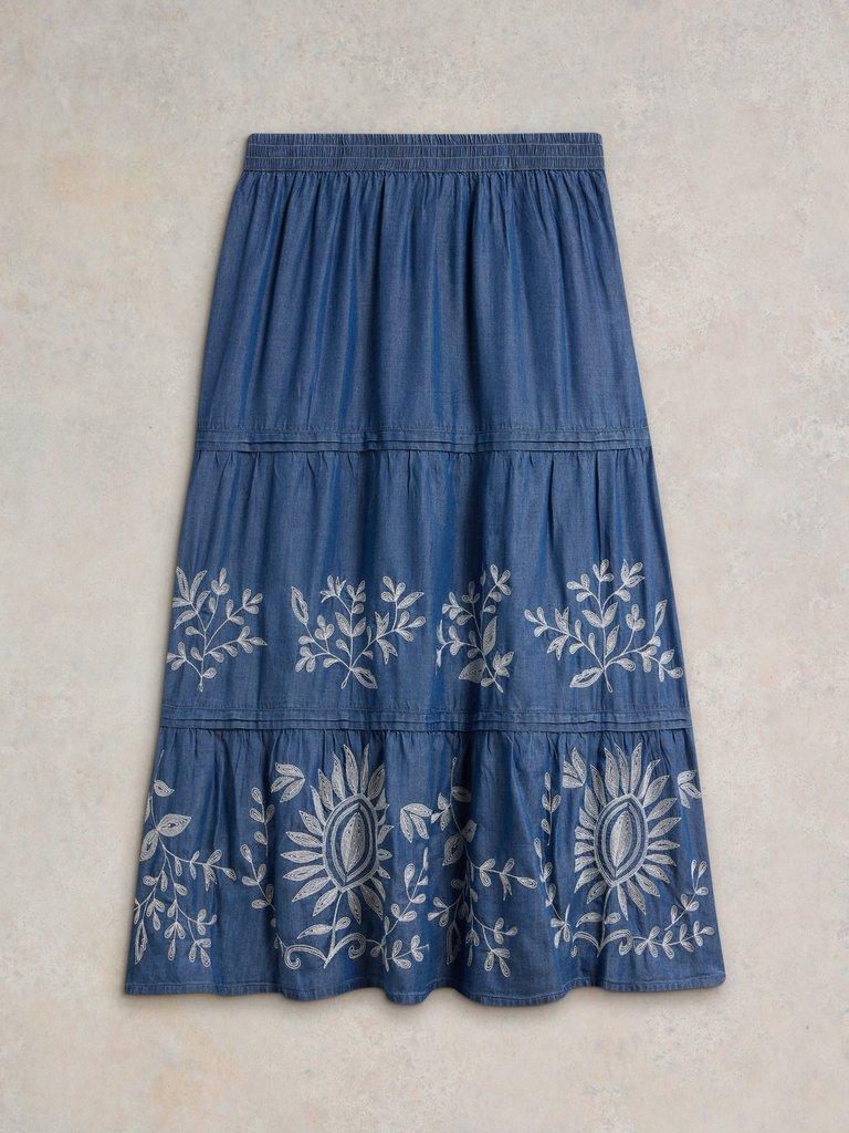 Isla Embroidered Denim Skirt in LGT DENIM - FLAT BACK