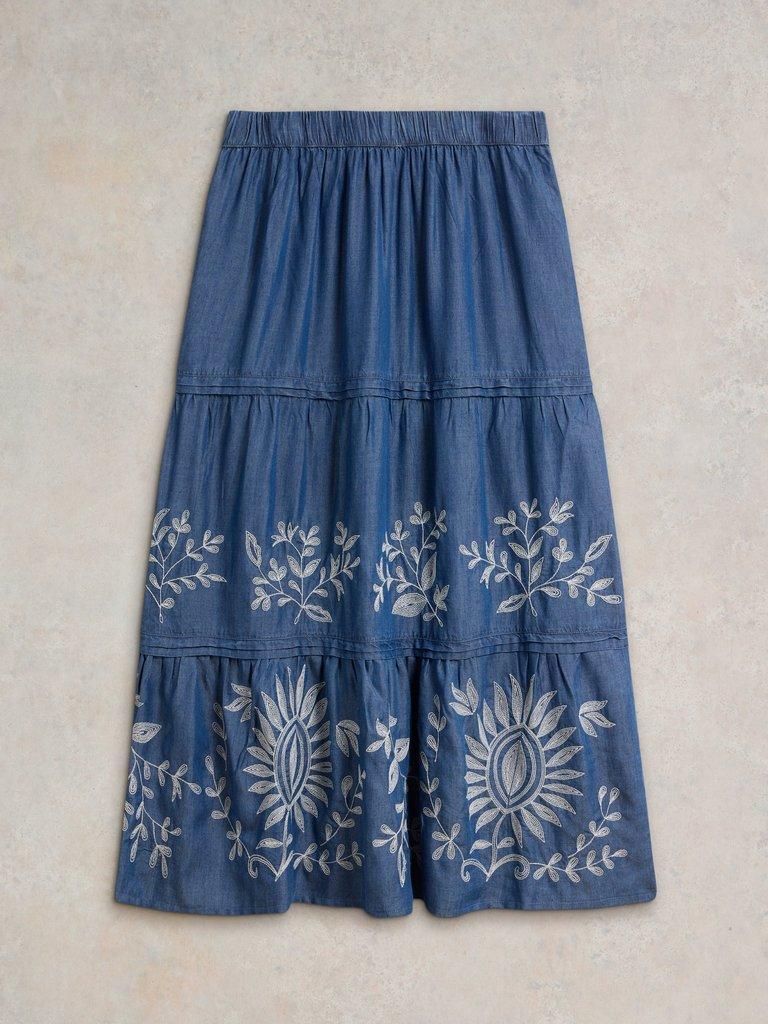 Isla Embroidered Denim Skirt in LGT DENIM - FLAT FRONT