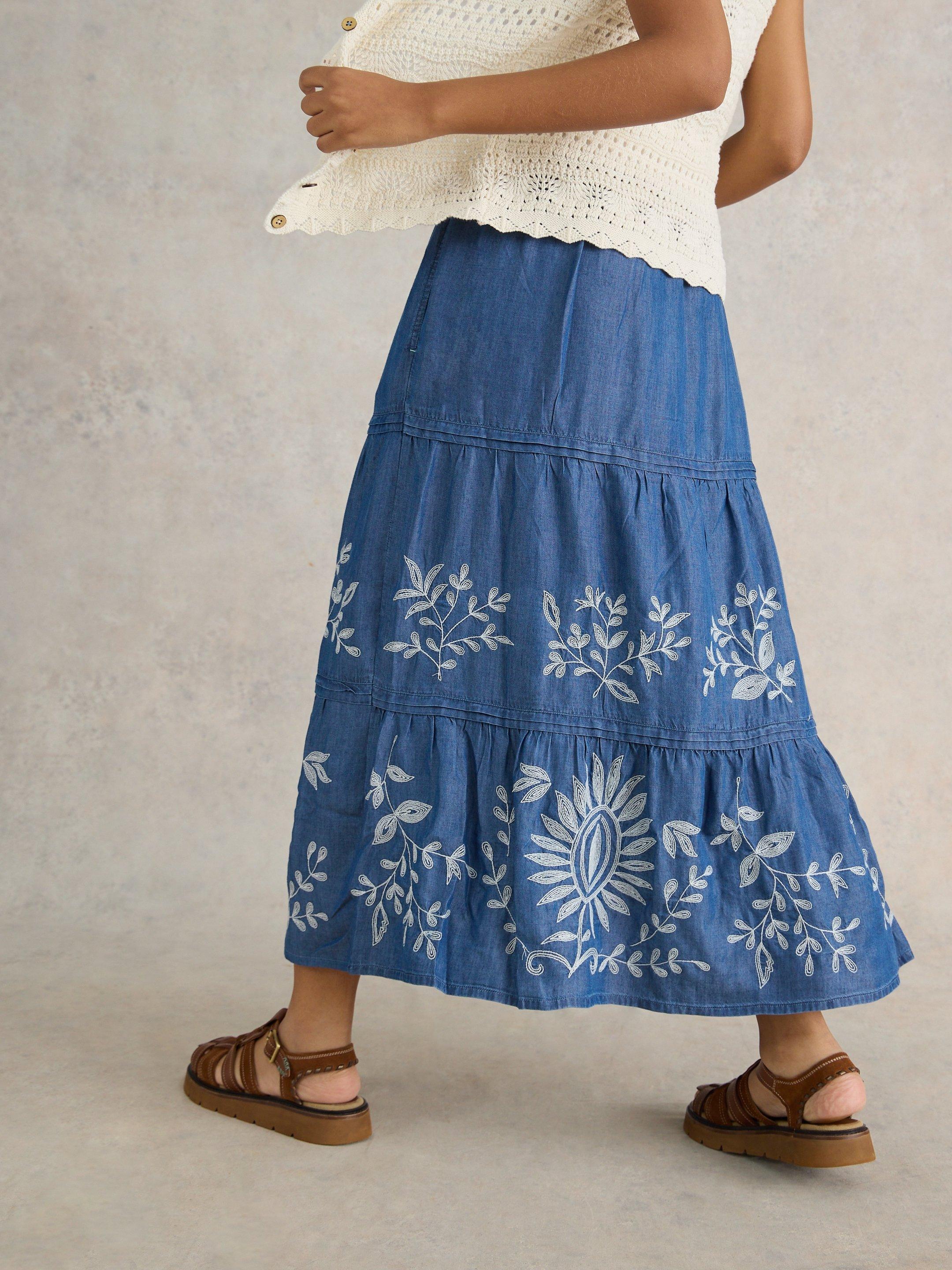 Isla Embroidered Denim Skirt in LGT DENIM - MODEL BACK
