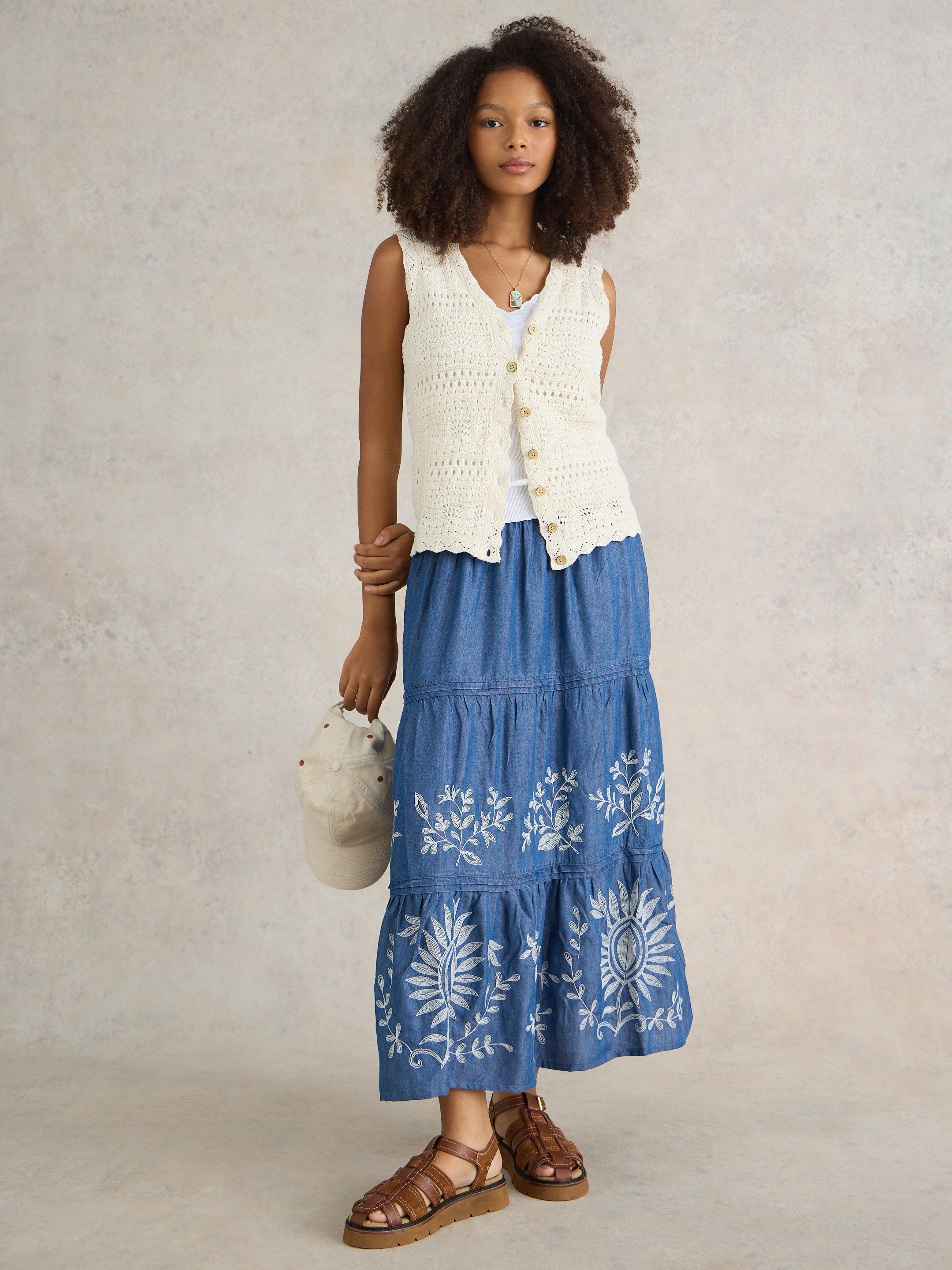 Isla Embroidered Denim Skirt in LIGHT DENIM | White Stuff US