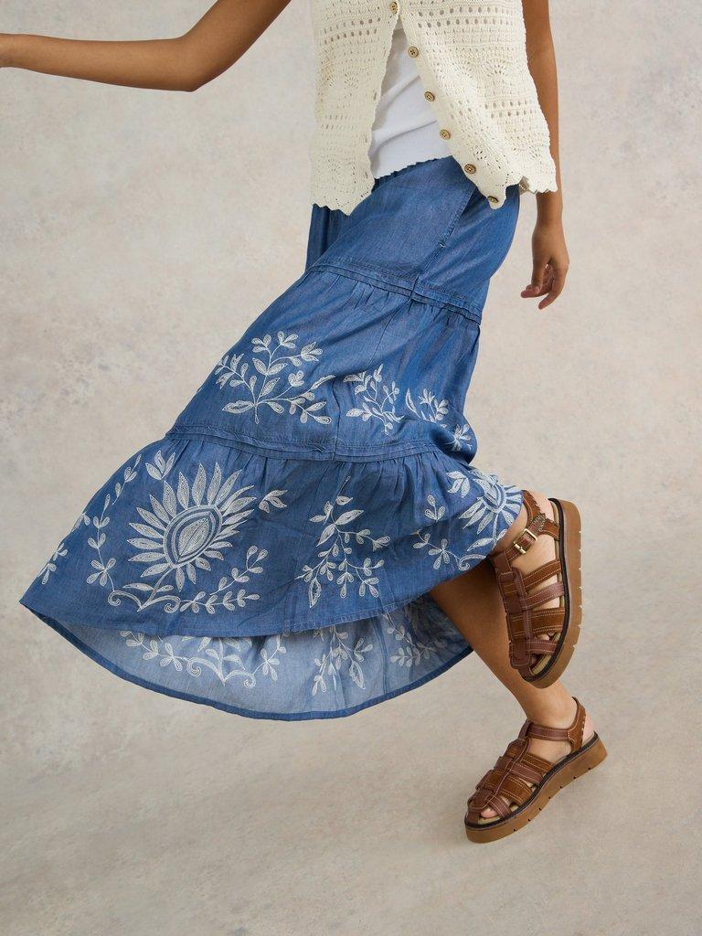 Isla Embroidered Denim Skirt in LGT DENIM - MODEL FRONT