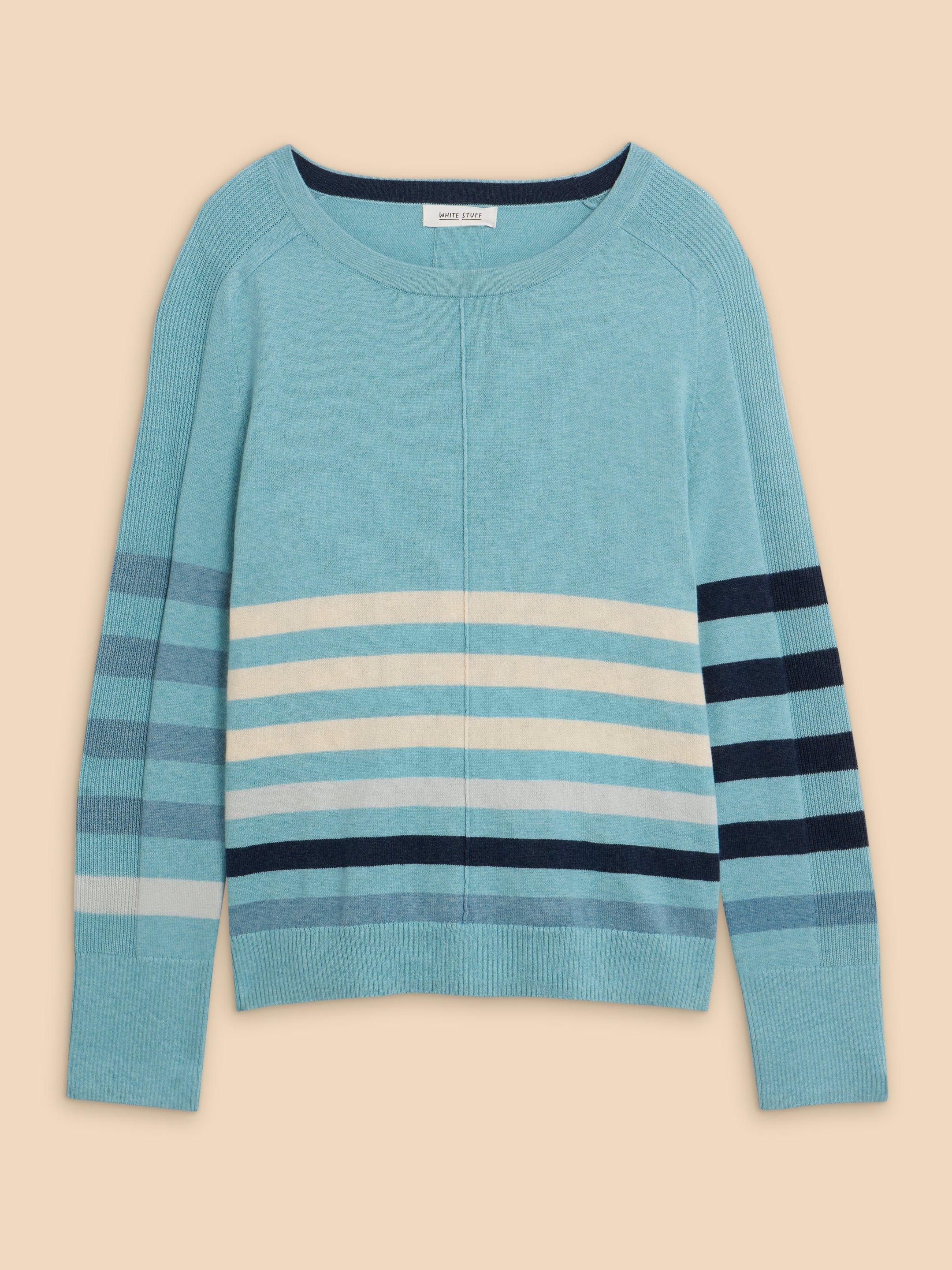 Light blue and 2024 white striped sweater