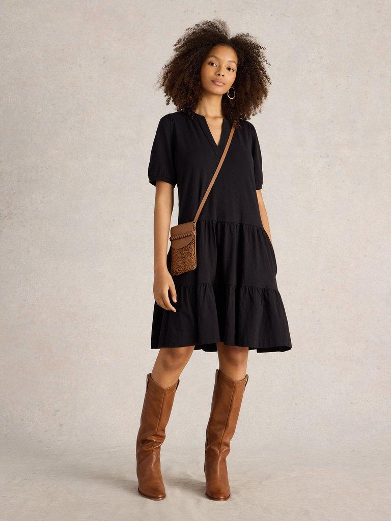 Clara Cotton Jersey Dress in PURE BLK - MODEL FRONT