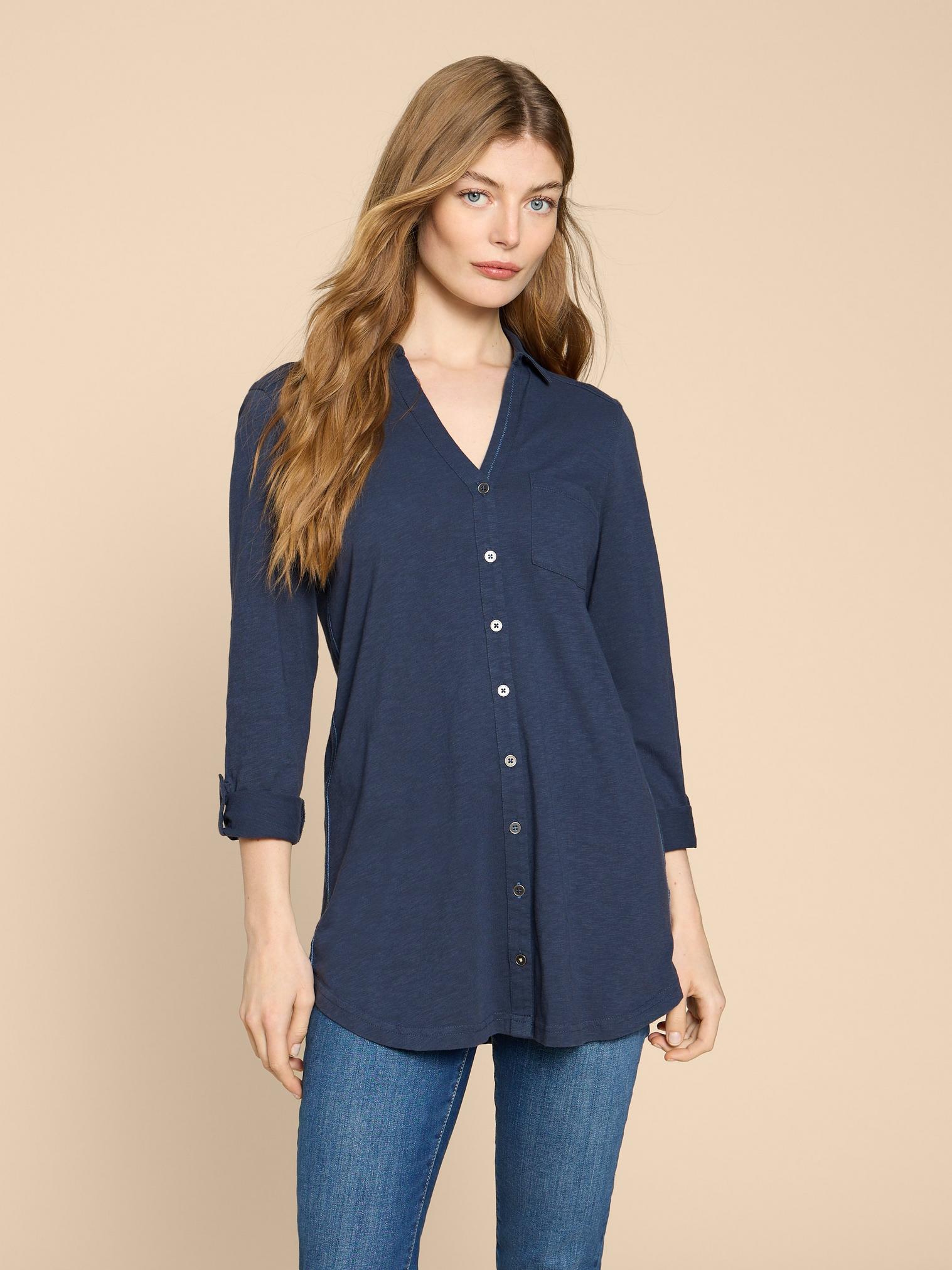 ANNIE LONGLINE LONG SLEEVE SHIRT in FRENCH NAVY White Stuff