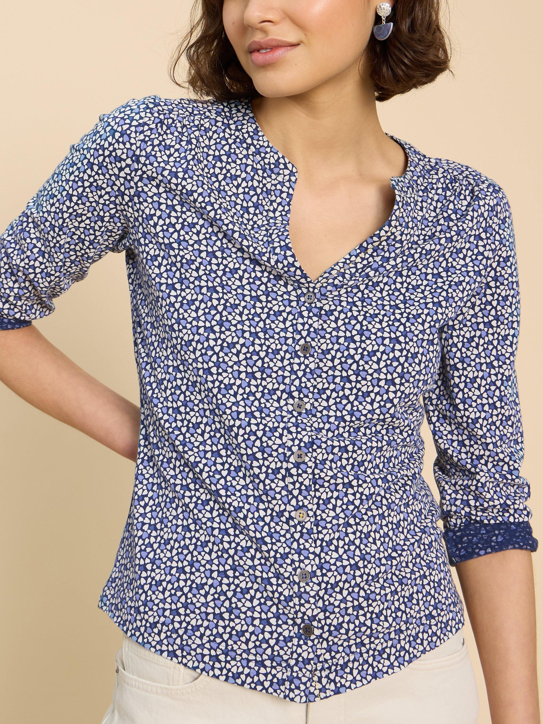 CONNIE COLLARLESS SHIRT in BLUE MLT - MODEL DETAIL