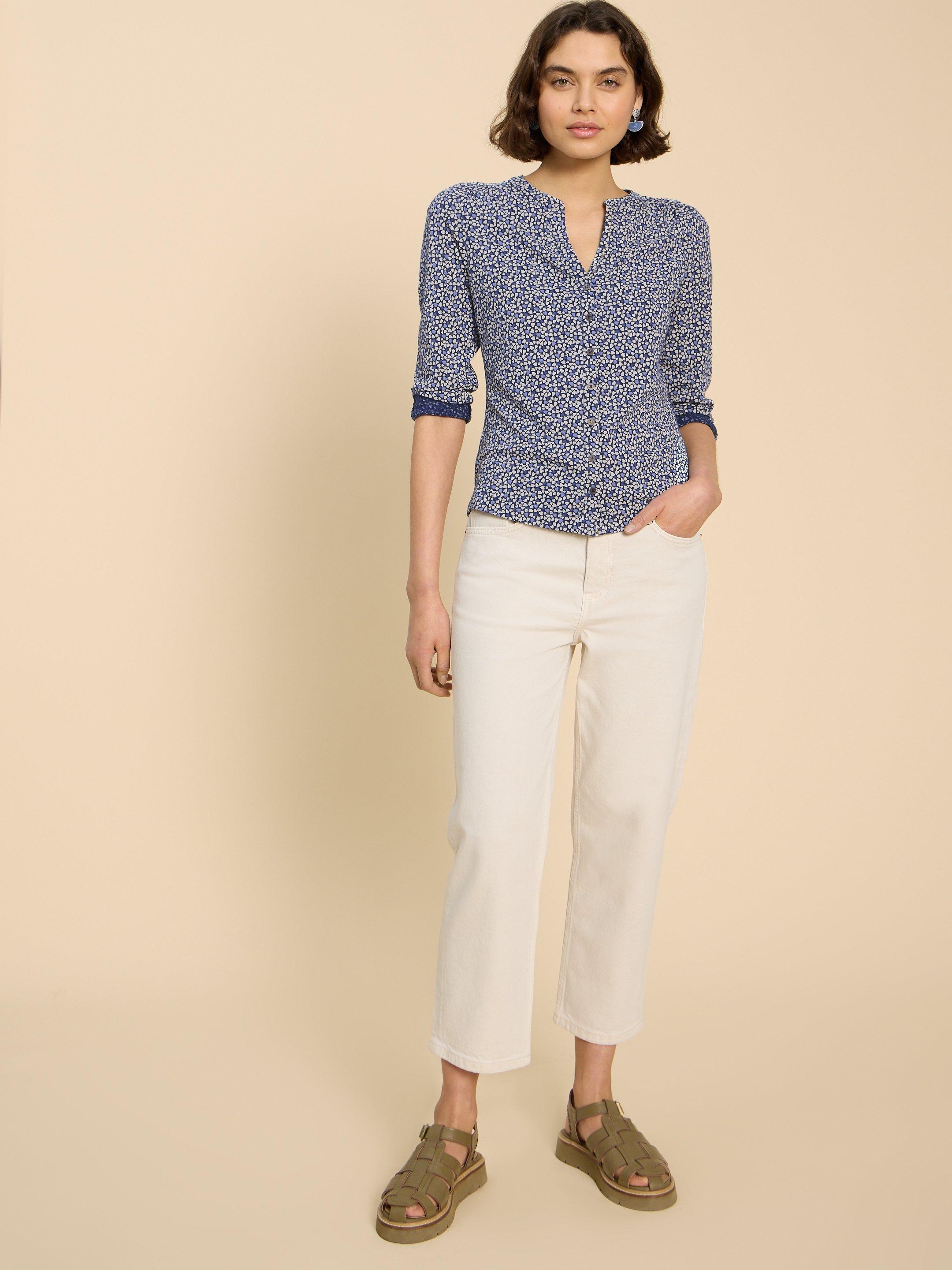 CONNIE COLLARLESS SHIRT in BLUE MLT - MODEL FRONT