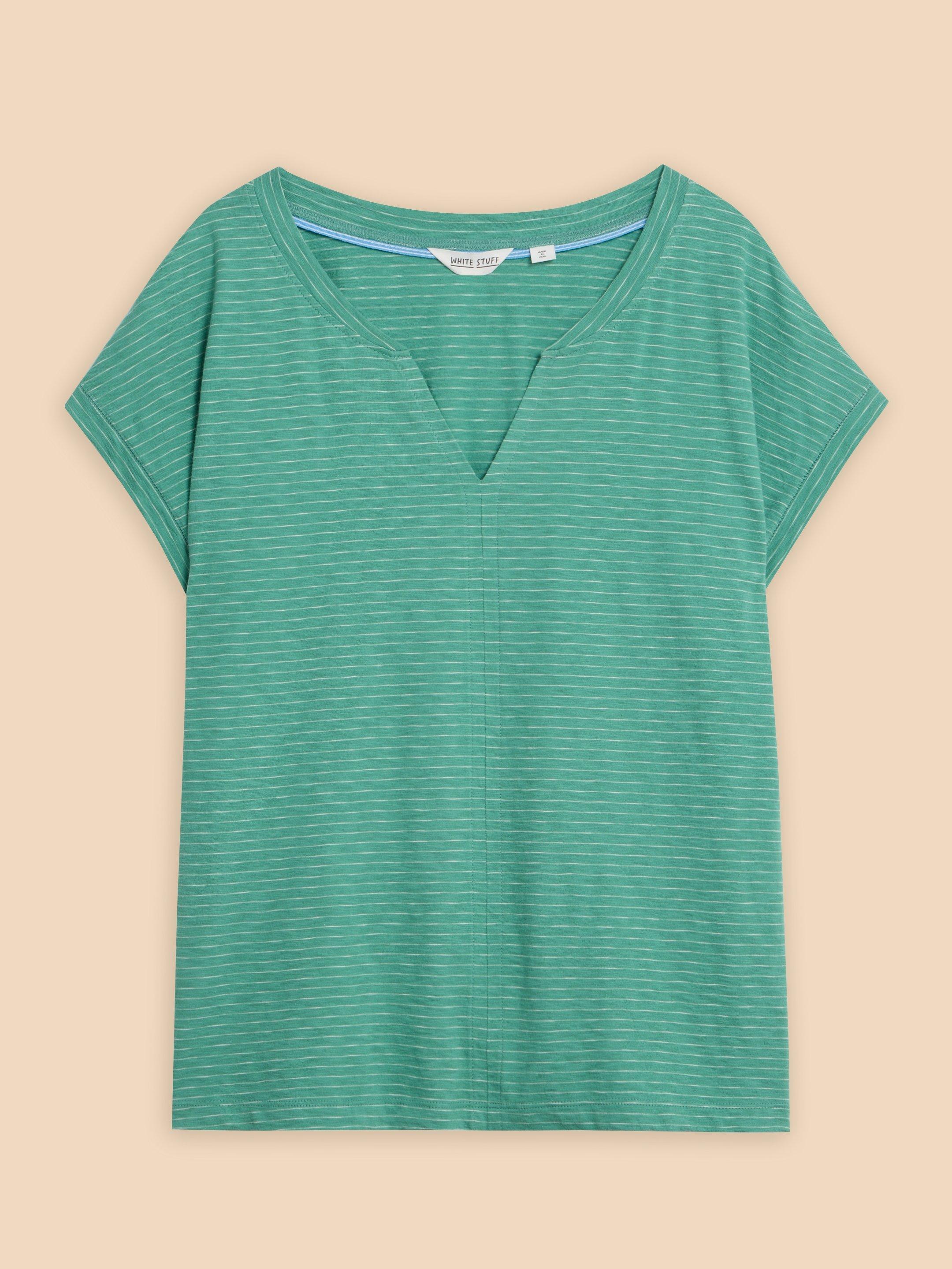 NELLY STRIPE NOTCH NECK TEE in TEAL MLT - FLAT FRONT