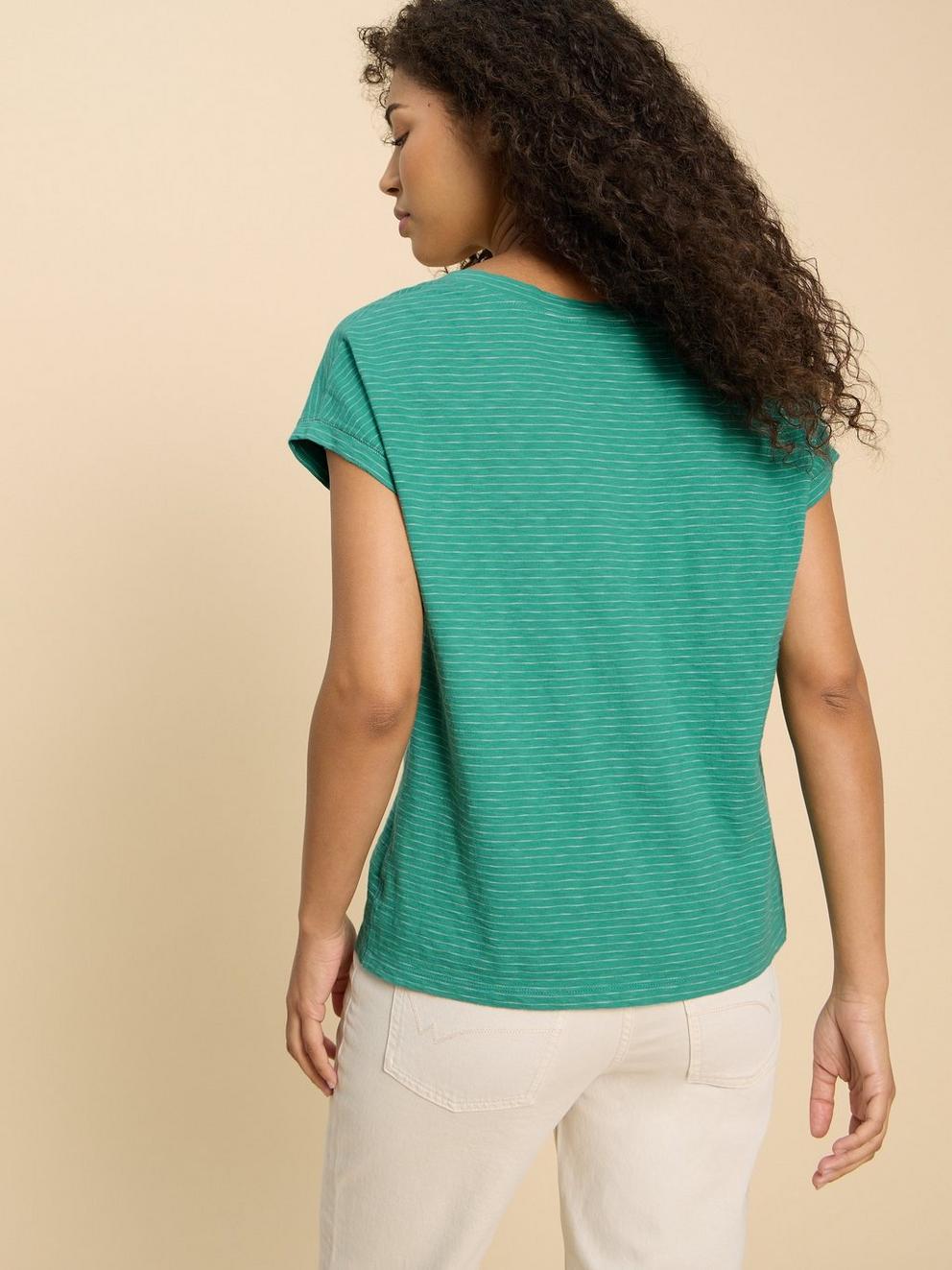 NELLY STRIPE NOTCH NECK TEE in TEAL MLT - MODEL BACK