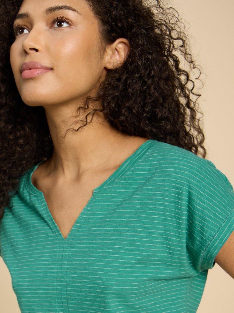 NELLY STRIPE NOTCH NECK TEE in TEAL MLT - MODEL FRONT