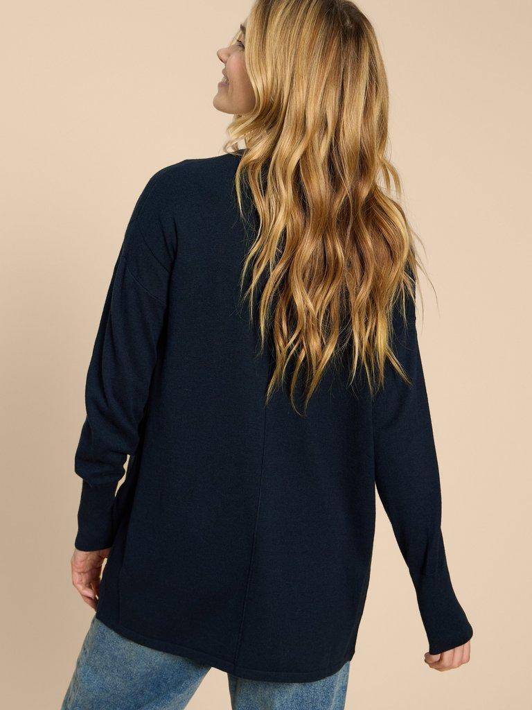 LEAH LONGLINE CARDI in DARK NAVY - MODEL BACK