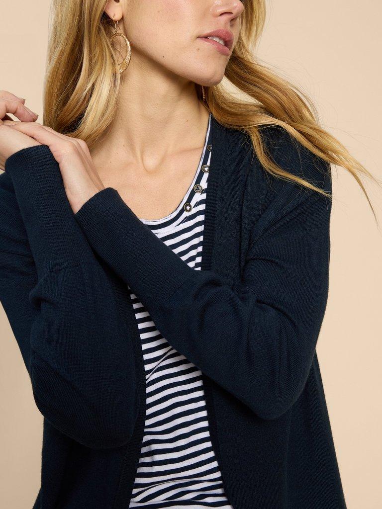 LEAH LONGLINE CARDI in DARK NAVY - MODEL FRONT